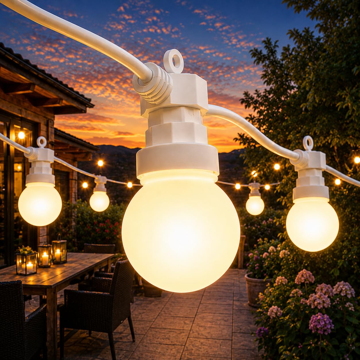 Festive Lights ConnectPro® 5m / 16ft Connectable Outdoor Garden LED Festoon Lights, Warm White Frosted Bulbs, Commercial String Lighting, IP65 Waterproof, White Rubber Cable, Without Plug