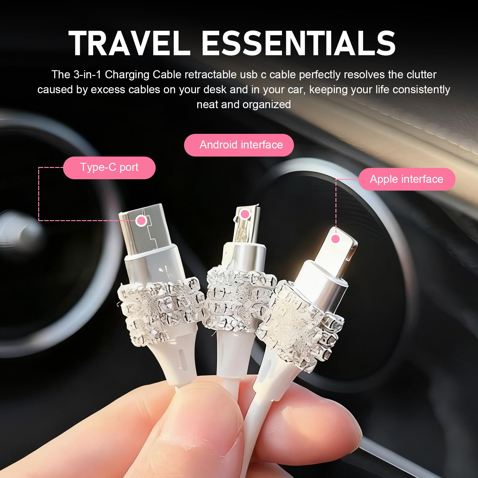 Multi Ladekabel, 3 in 1 Bling Strass Einziehbares Auto Ladekabel mit Typ-C/Lightning/Micro USB Steckern, Universal Sparkly Auto Innenraum Zubehör (Weiß)