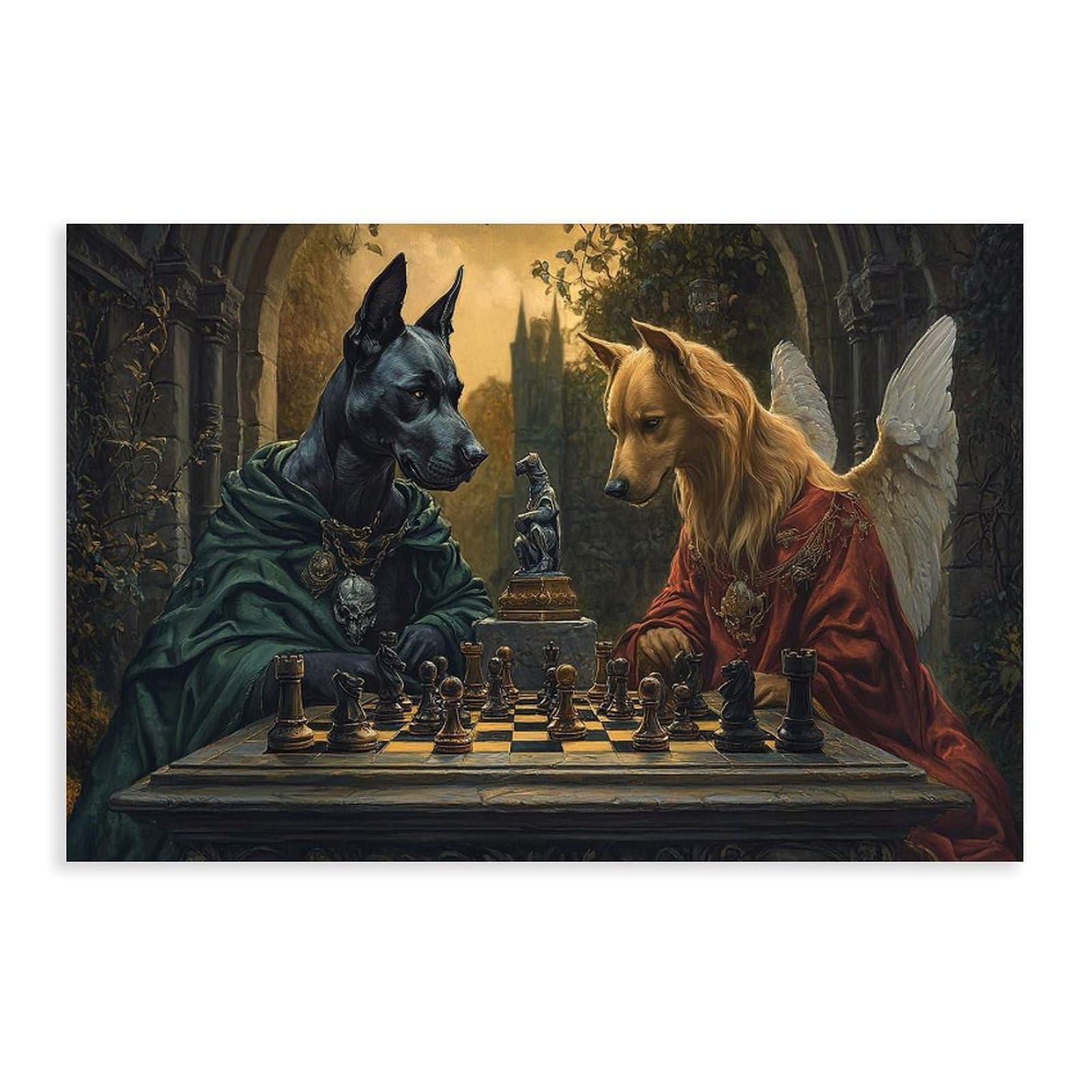 Doberman Pinscher Chess Poster Tin Sign Vintage Metal Pub Club Cafe Bar Home Wall Art Decoration Poster Retro 24"L X 36"W
