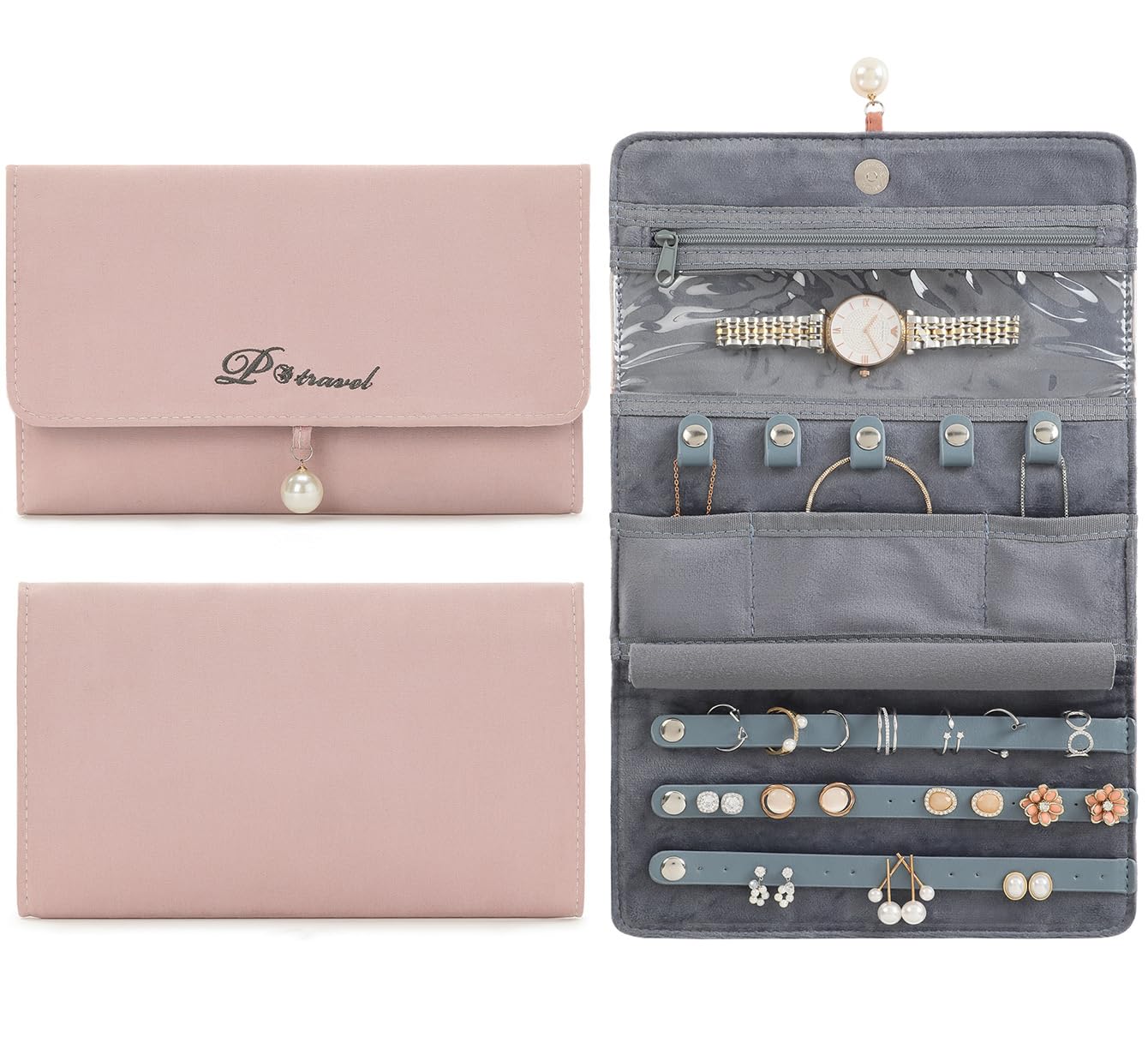 Vanfn Women's Pearl-Pink Jewelry Rolls, Travel Jewelry Organizer Roll, Foldable Jewelry Case, Jewelry Storage Bag For Journey-Rings, Necklaces, Earrings, Bracelets, Watches, Brooches P.travel Series