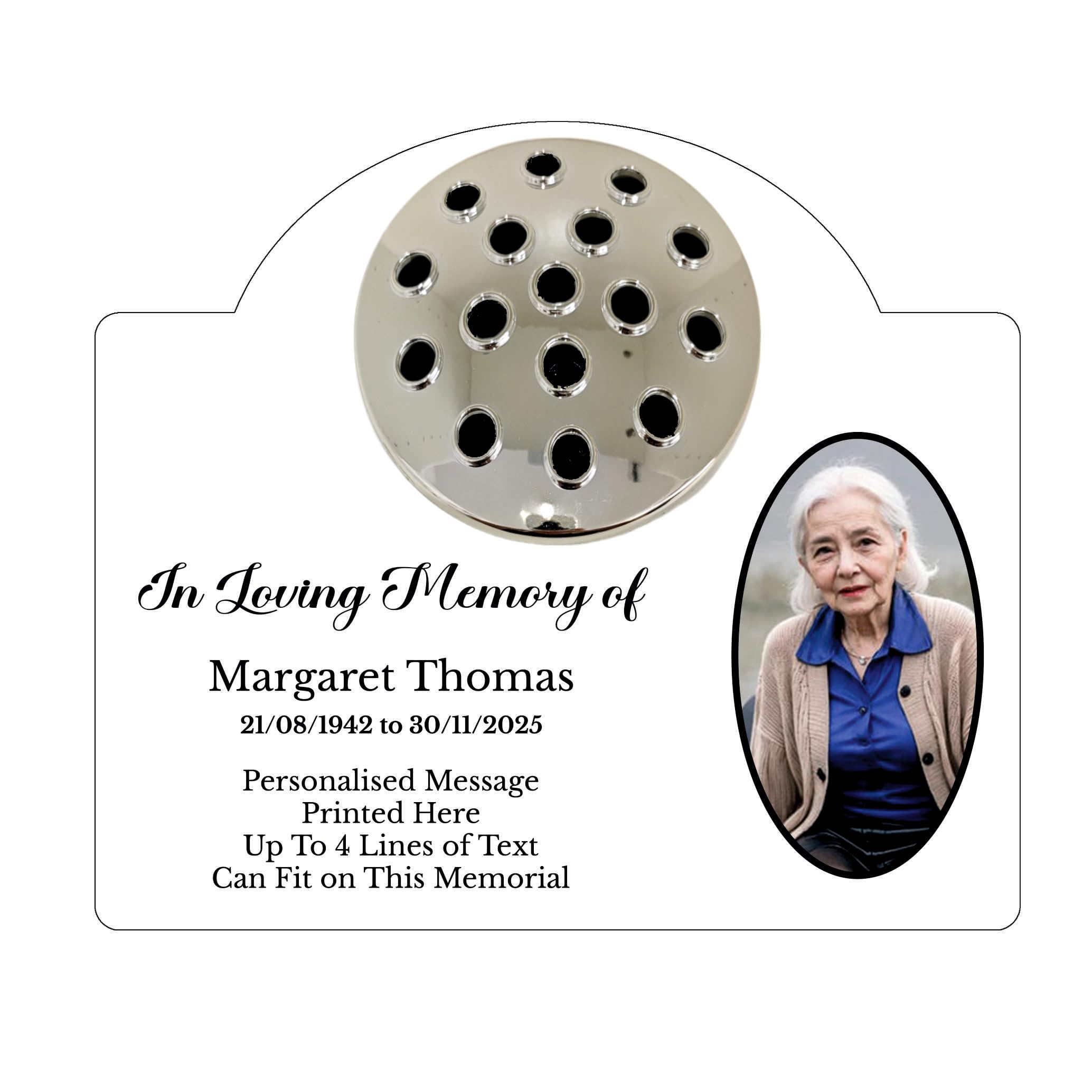 1stclassgifts Personalised Metal Grave Stone Marker Headstone Memorial Plaque, In Memory Sign Remembrance Your Photo Grave Vase Flower Holder (UV PRINTED) (White, Silver Lid)