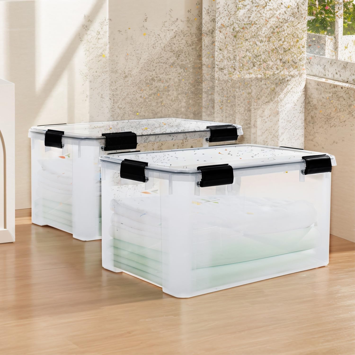 Iris Ohyama, Boite Rangement Hermétique, 50L, Lot de 4, Transparent, Couvercle avec Joint Etanche, 6 Clips de Fermeture, Empilable, pour Exterieur, Garage, Vetement, Anti Poussiere, Sans BPA, AT-L