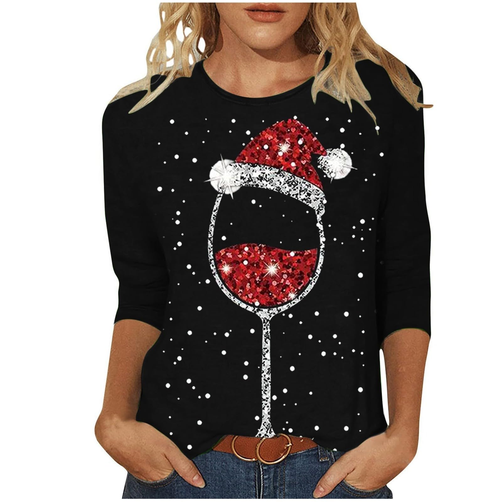 Weihnachtspullover Damen Lustig Druck Casual Pullover Merry Christmas Sweatshirt Rundhals Baumwolle Langarm Weihnachtspulli Winter Warm Tops