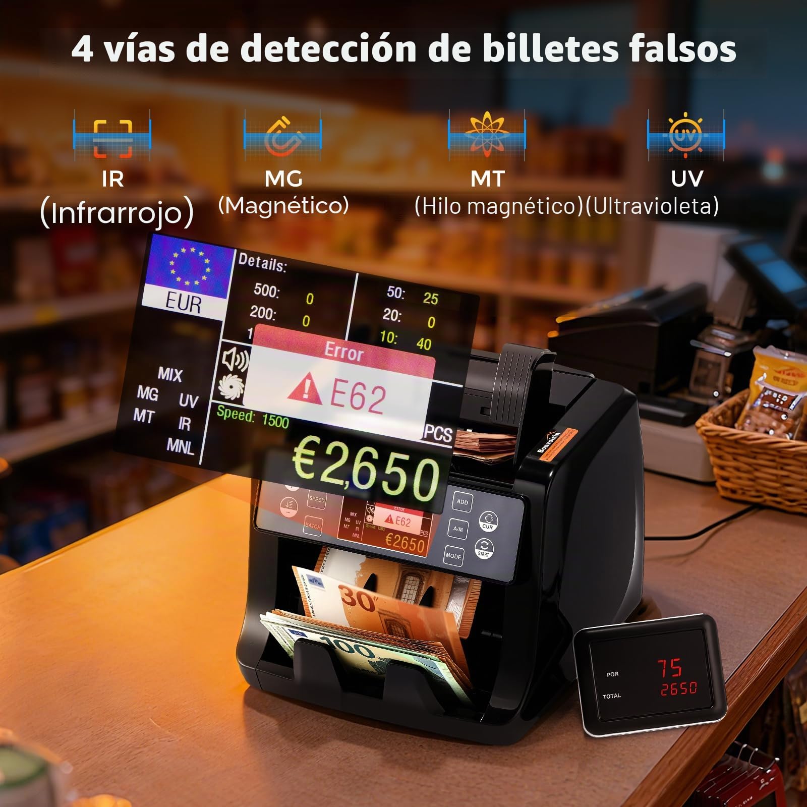 Bonvoisin Maquina de Contar Billetes, Totaliza Las Denominaciones Mixtas | 1500 Billetes/Min, Detección UV/IR/MG/MT, Clasificación, Lotes y Acumulación, Pantalla TFT HD, Para Bancos y Empresas