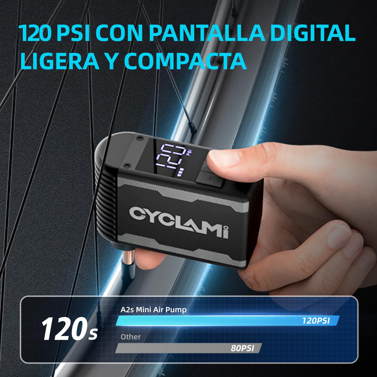 A2S Bomba de Bicicleta 120PSI Mini Eléctrico de la Bicicleta con Manómetro Digital Bomba Portátil Parada Automática con Válvulas Presta y Schrader para Bicicletas de Carretera y de Montaña