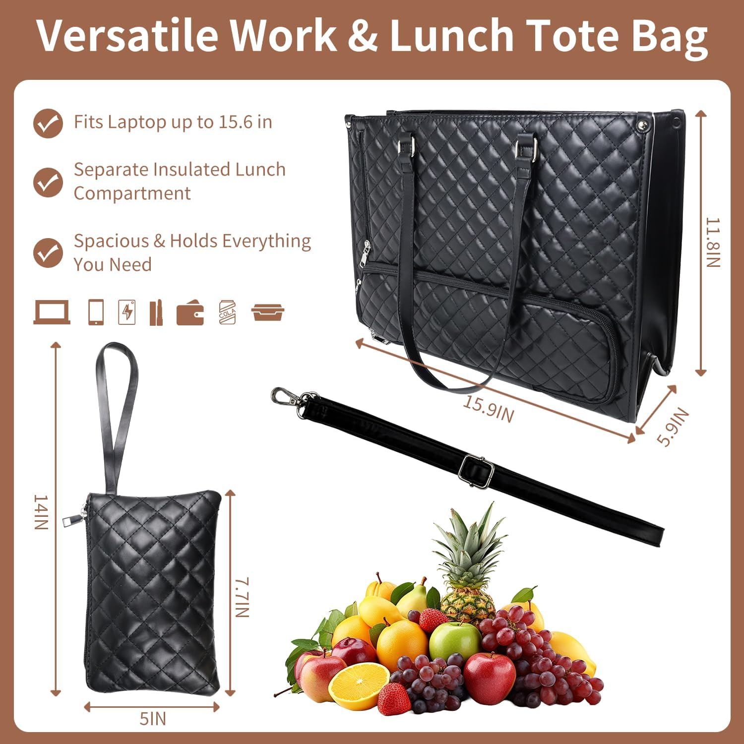 Abnaok Tote Bag with Lunch Compartment，15.6inch Insulated Lunch Tote Bag for Women，Quilted Large Capacity Computer Handbag with Purse for Business, Work, Nurses, Office, College, Casual