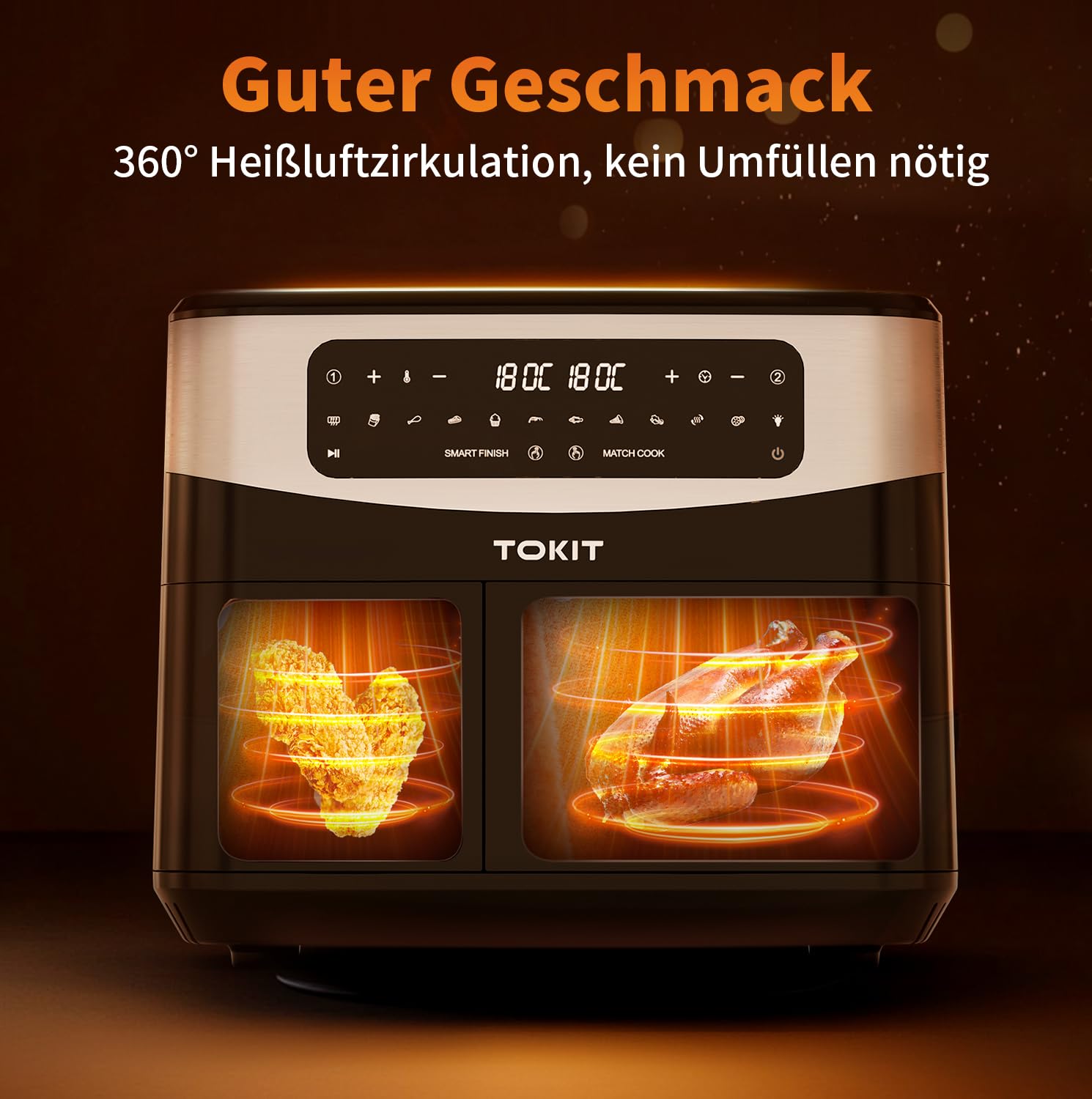 TOKIT Friggitrice ad Aria 2800W Doppio Cestello 10L(4Lx6L), XXL Air Fryer Doppia Zona con Controllo Indipendente, Airfryer 12 Programmi di Cottura da Riscaldamento Rapido a 360°