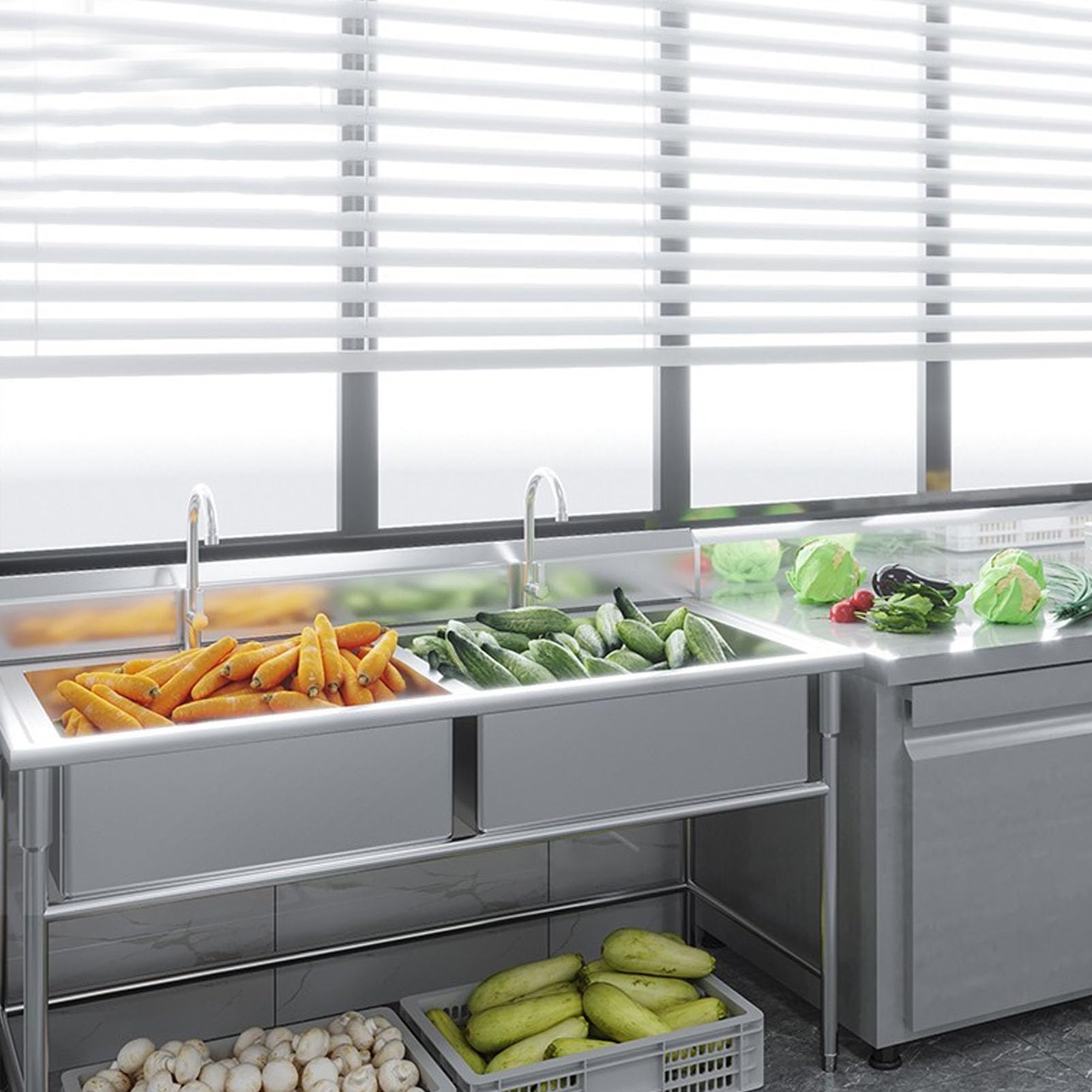 Lavello Autoportante in Acciaio Inox 2 Vasche, Lavandino da Esterno con Filtro per Rifiuti, Kit di Scarico, Lavello Professionale per Cucina, Garage, Lavanderia, Ristorante