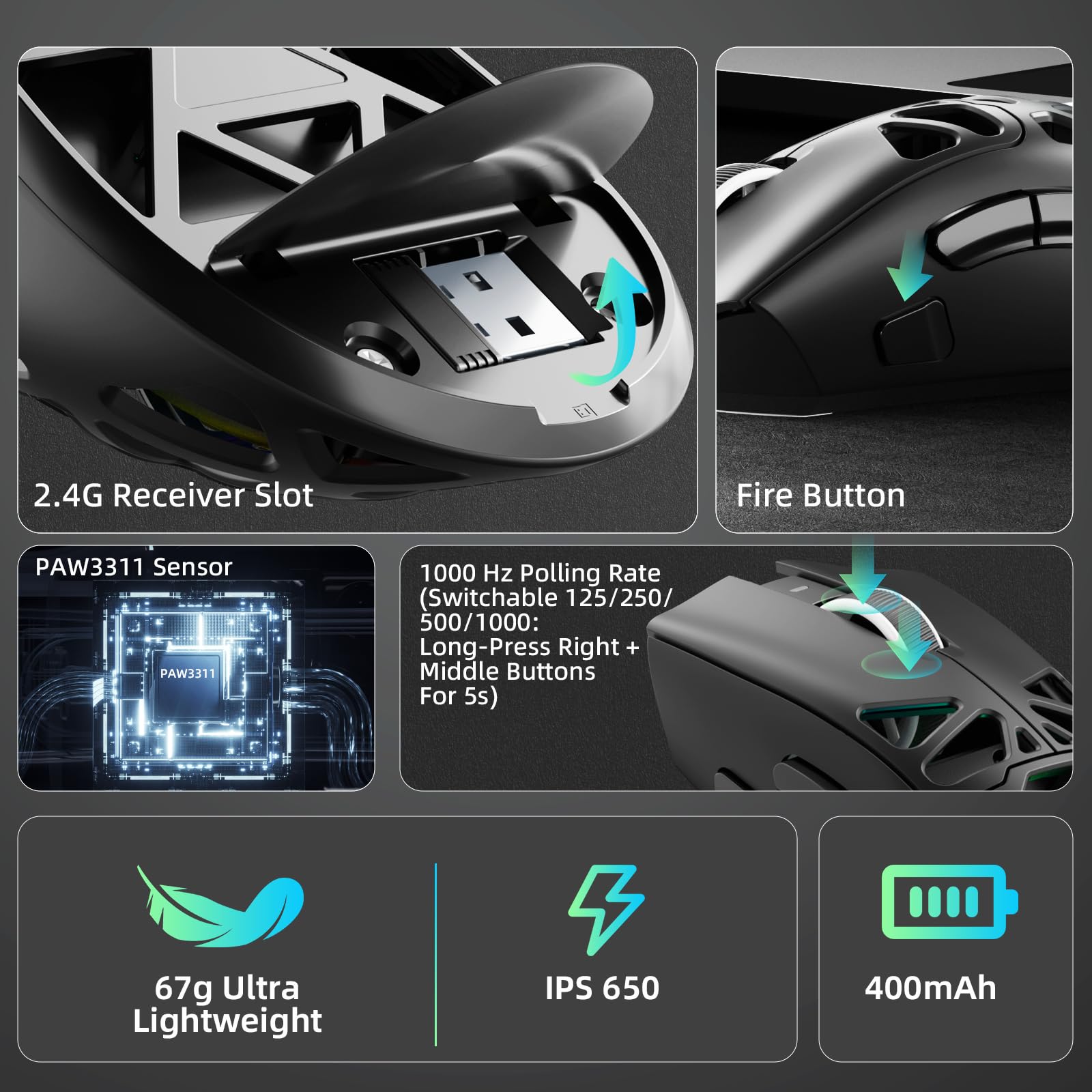 AULA SC620 Kabellose Gaming Maus,BT5.0/2.4G/USB-C,mit PixArt PAW3311-Sensor,12000DPI,8KHz,Feuertaste,7 Programmierbare Tasten,67g Leichtgewicht,400-mAh-Akku,RGB Gamer Maus für PC/Mac (Schwarz) - 5