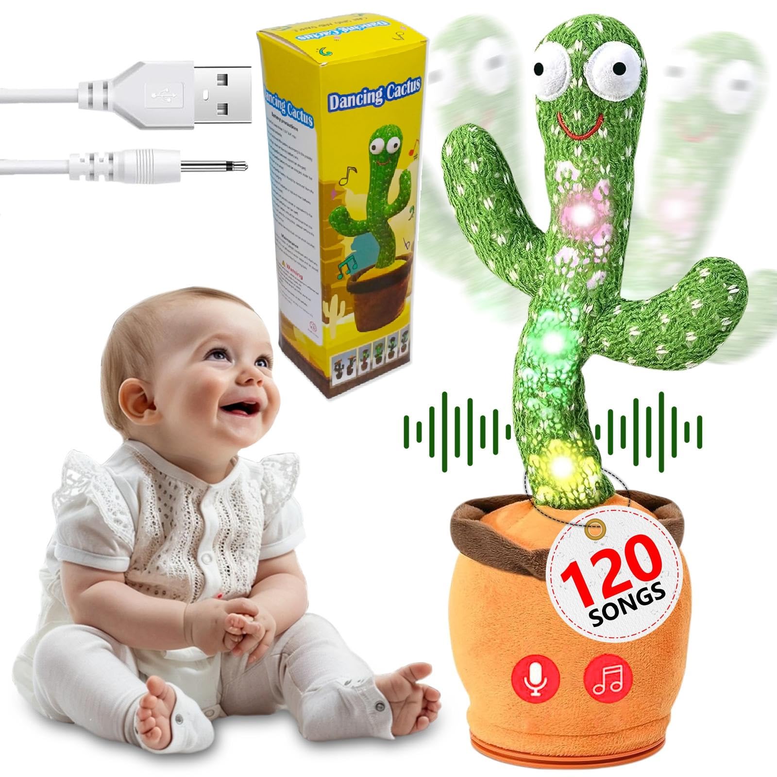 Dancing Cactus Toy for Kids – Mimicking & Talking Cactus Toy Repeats What You Say – 120 Songs, 15s Voice Recorder, LED Light-Up, Funny Dancing Toy Plush in Pot - Gift for Toddlers & Adults