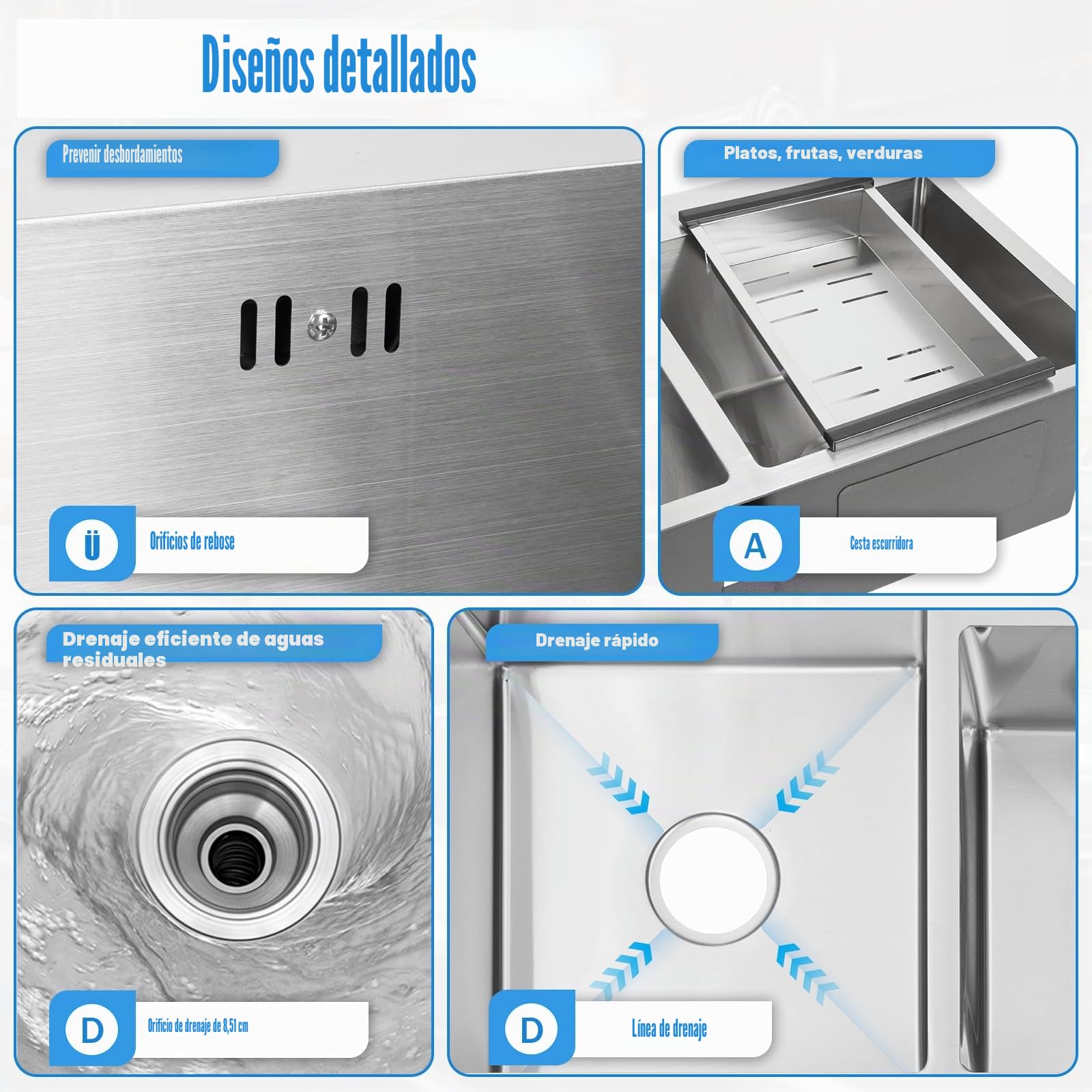 Fregadero doble 201 de acero inoxidable, empotrable, 78 x 43 x 21 cm, rectangular con escurridor, filtro de residuos, dispositivo de drenaje de cocina, fregadero de cocina con 2 cuencas