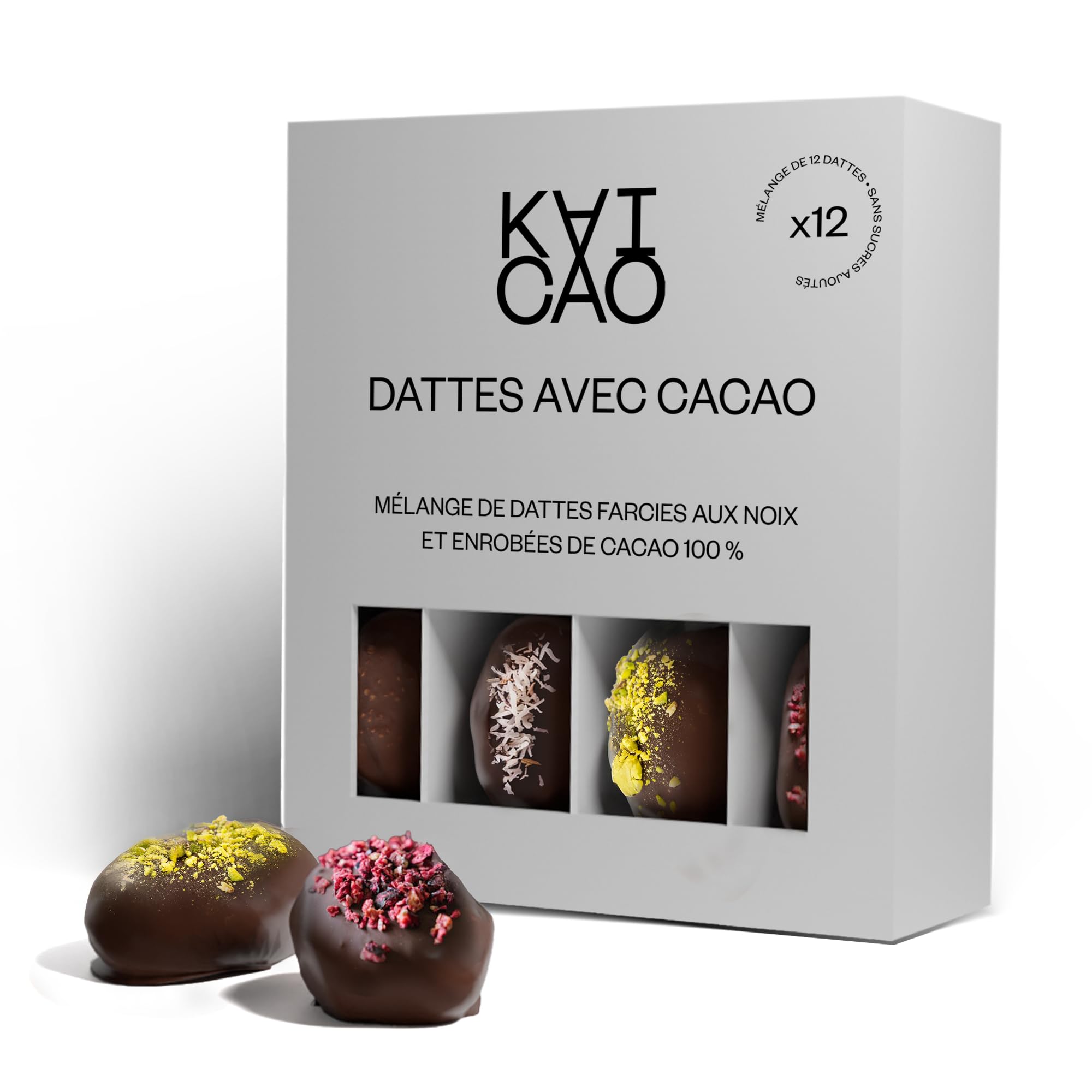 Kaicao Dattes Medjool Pack Dégustation - Noisettes, Pistaches, Noix de Cajou et Amandes - Enrobées de Chocolat 100% Cacao d’Origine Oko - Sans Sucre Ajouté - Pack de 12 Snacks Sains