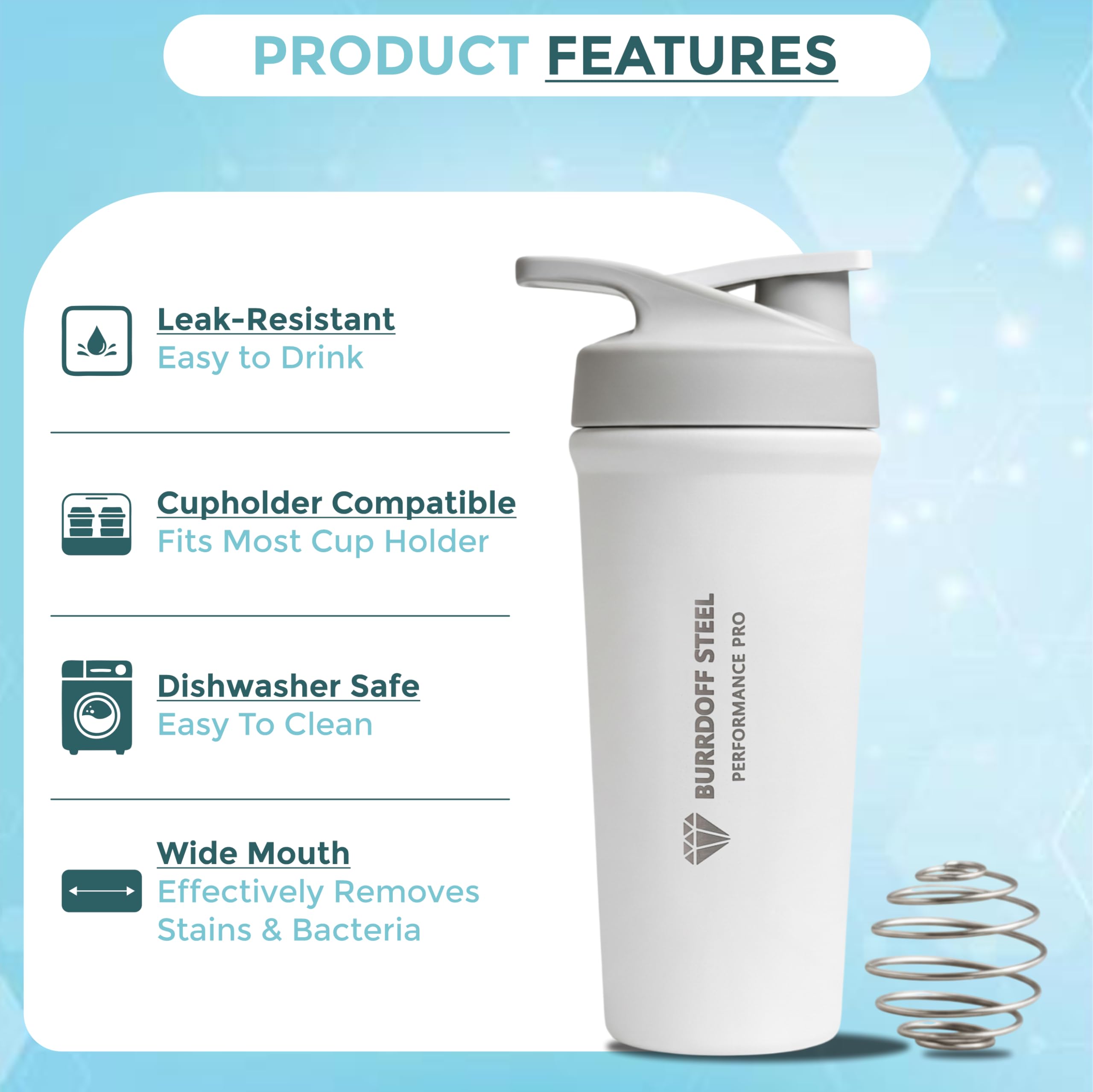 BURRDOFF Steel Performance Pro Shaker for Gym (850ML), Protein Shaker Bottle, Steel Shaker Bottles for Gym Bottle, Metal Shaker for Gym with Measurement (White) — Amazon image 6