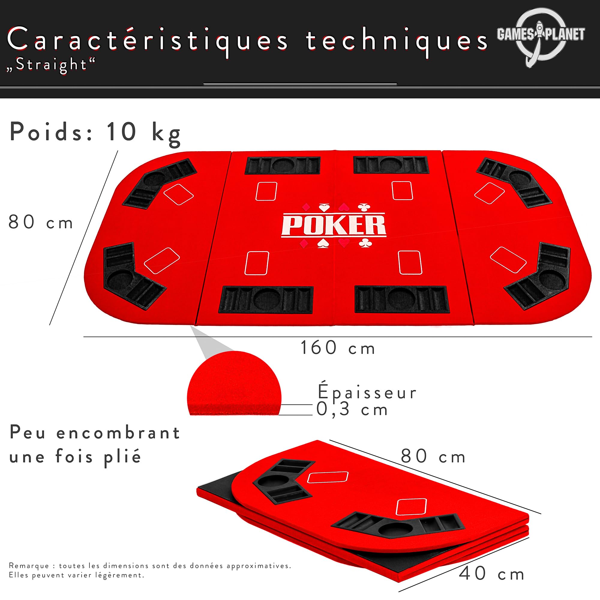 GAMES PLANET Support de Poker Pliable Straight pour jusqu'à 8 Joueurs, Dimensions 160x80 cm, Plateau MDF, 8 Porte-Boissons, 8 chiptrays