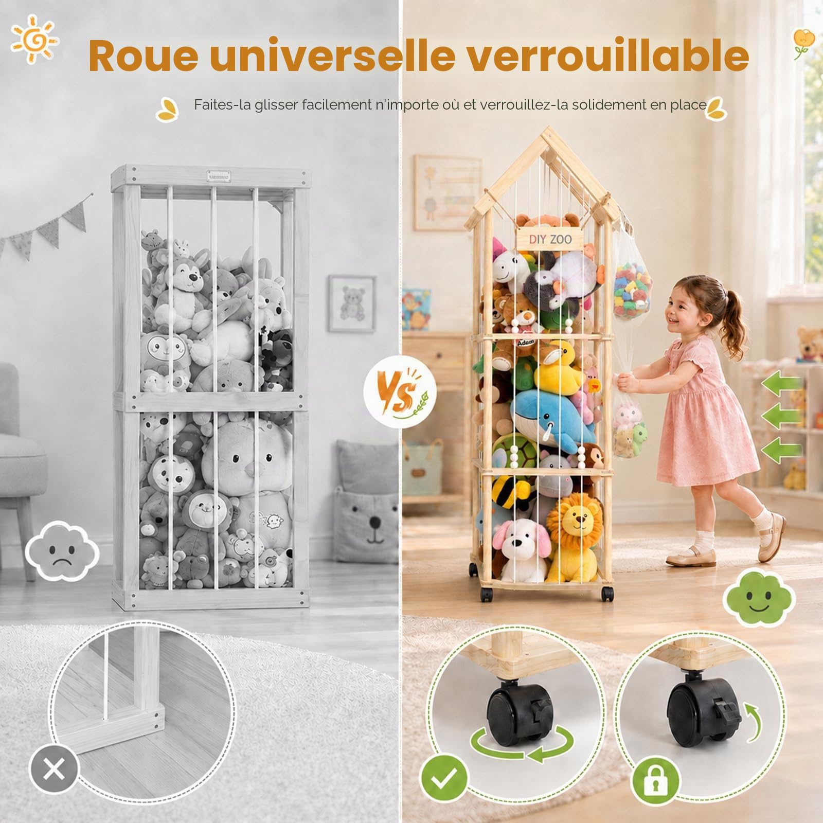 Rangement Peluche de Enfant, Range Peluche en Bois Roues, 146 * 42 * 32cm,Meuble Rangement Jouet Enfant pour Chambre d'enfant, Salle de Jeux avec Sac（avec Toit）