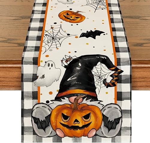 Artoid Mode Camino de mesa de Halloween, gnomo, murciélago, calabaza, fantasma, camino de mesa de Halloween, decoración sensonal de mesa de comedor