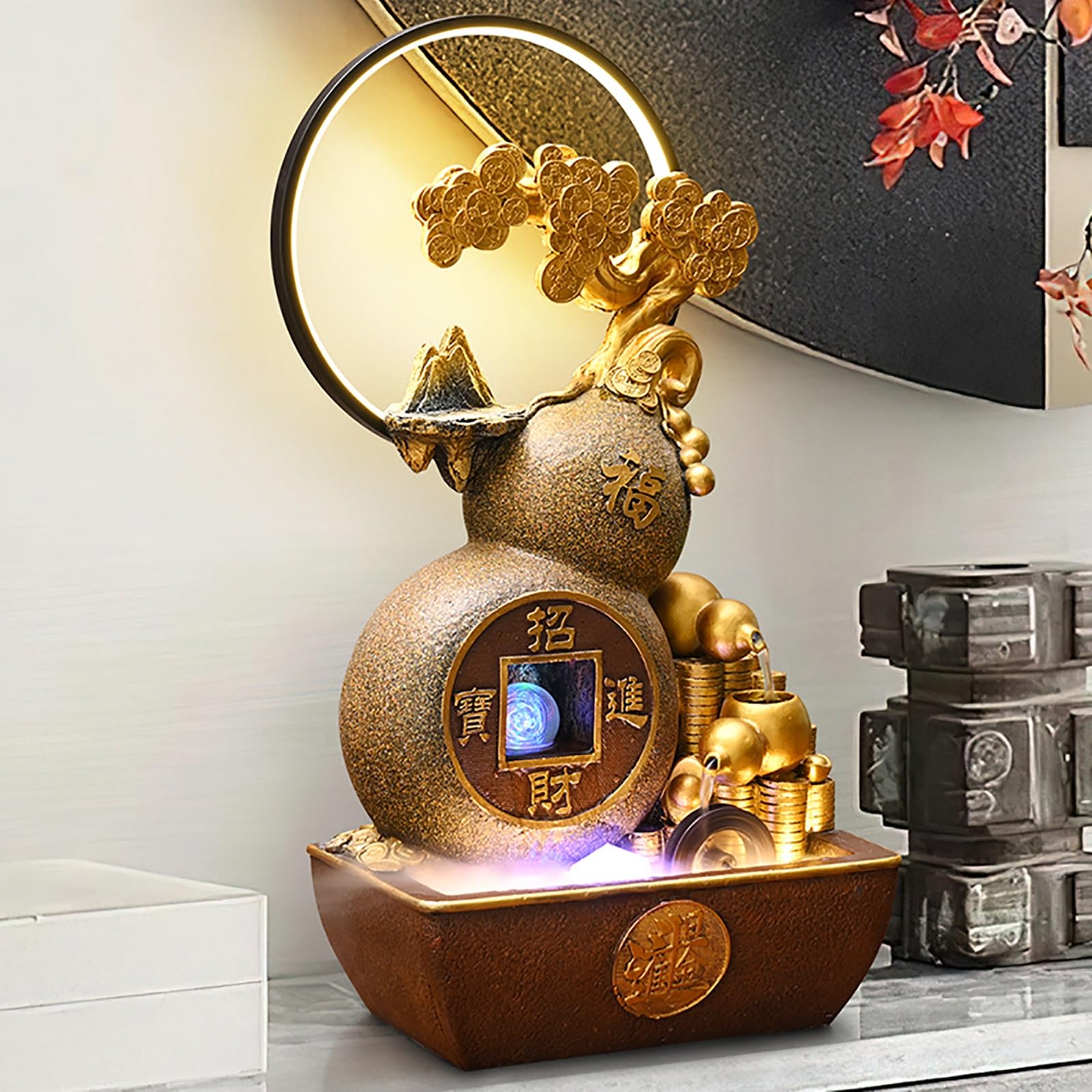Fontaine à Eau Feng Shui avec Arbre à Monnaie et Roue à Eau – Élégante Fontaine Interieur pour Salon, Bureau et Cadeau