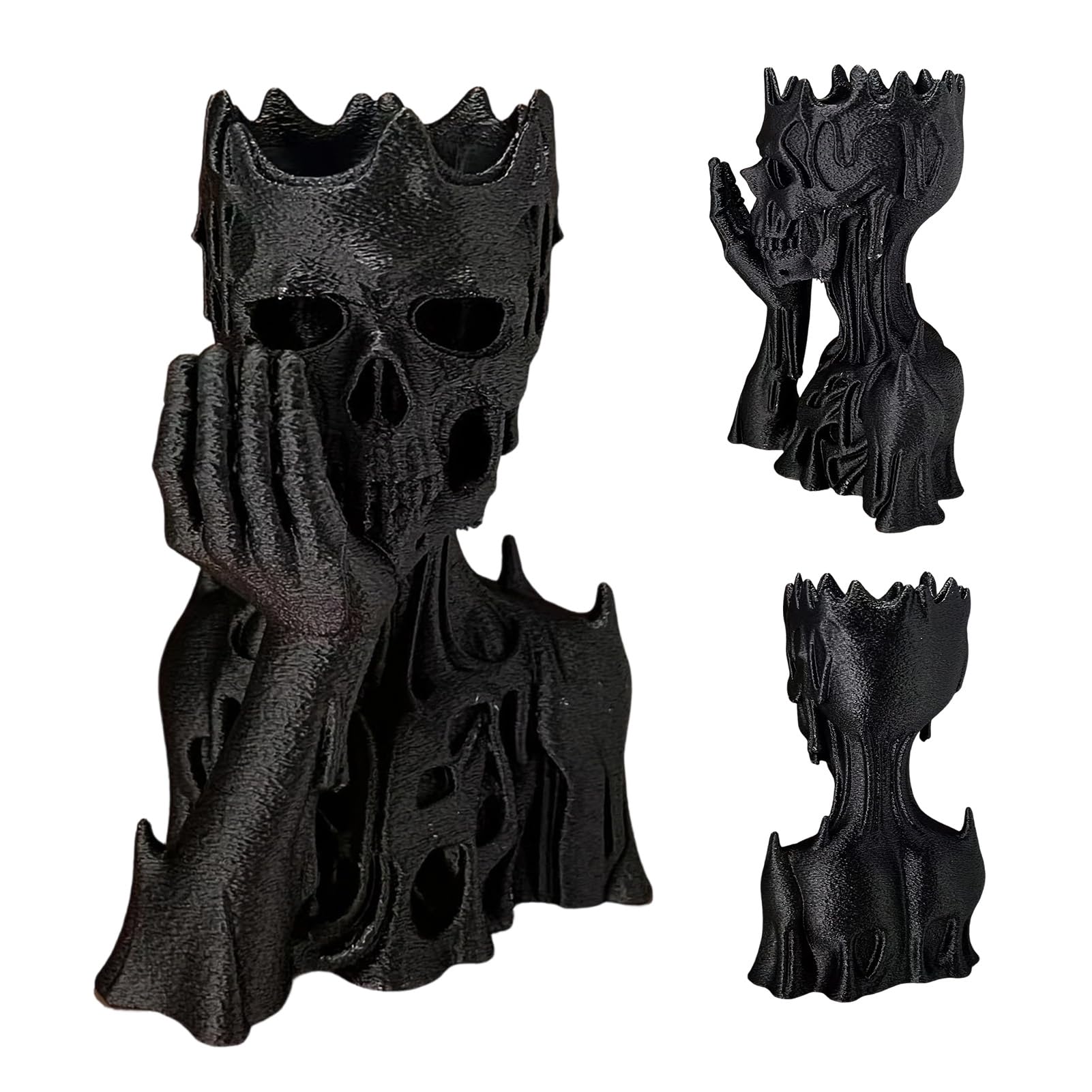 Pasisuu Gothic Home Decor 3D Printed Skeleton Statue, Matte Black Melting Skull Figurine with Anatomical Hand Bone Art, Vintage Shelf Sitter for Spooky Chic Tabletop Ornament Black