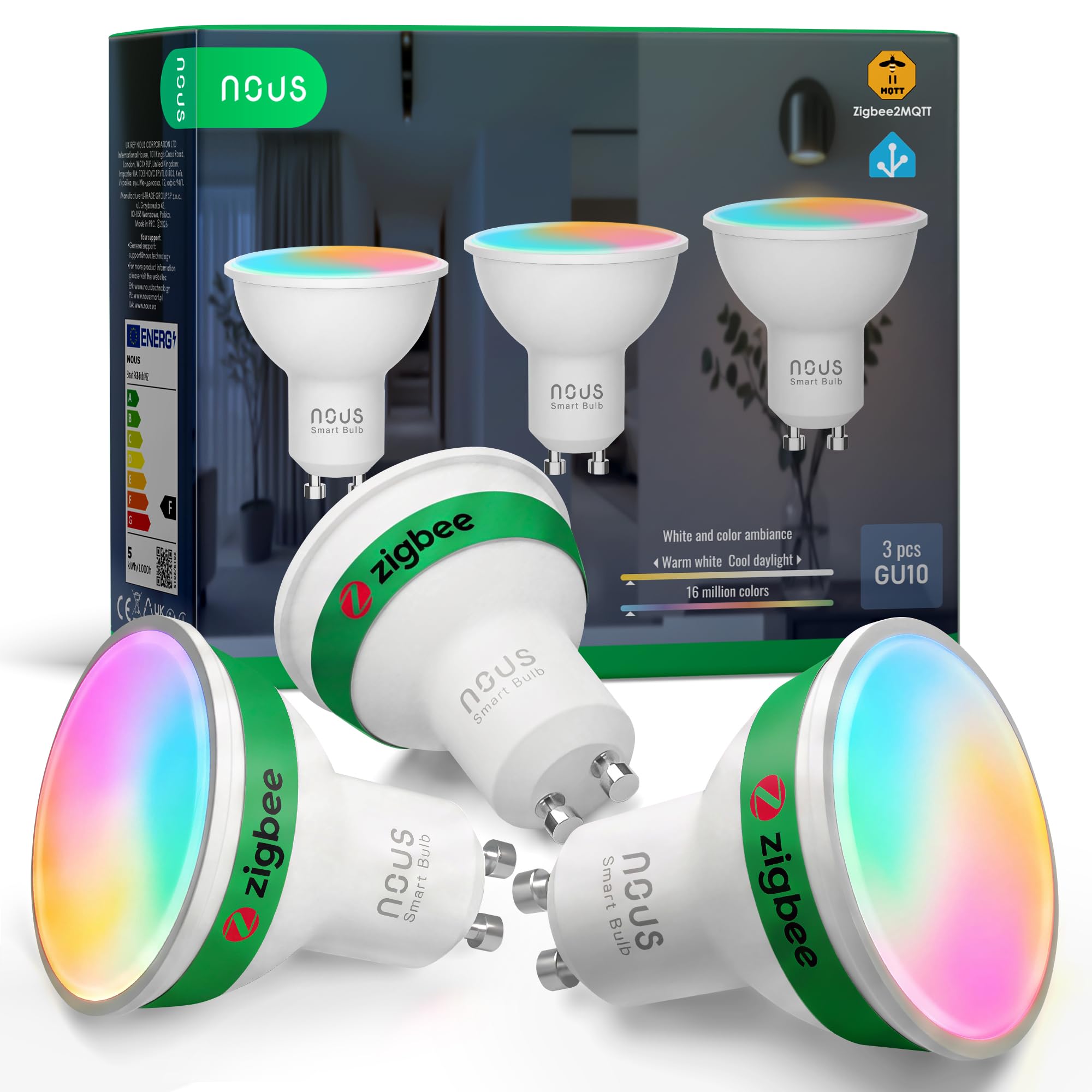 NOUS Lampadina LED Intelligente P8Z ZigBee 3.0 GU10 RGB, 3 Pack, 420Lm, 4,9W, 16 Milioni di Colori, Bianco Regolabile da 2700K A 6500K, Compatibile con Alexa e Google Home, Richiede un Hub ZigBee