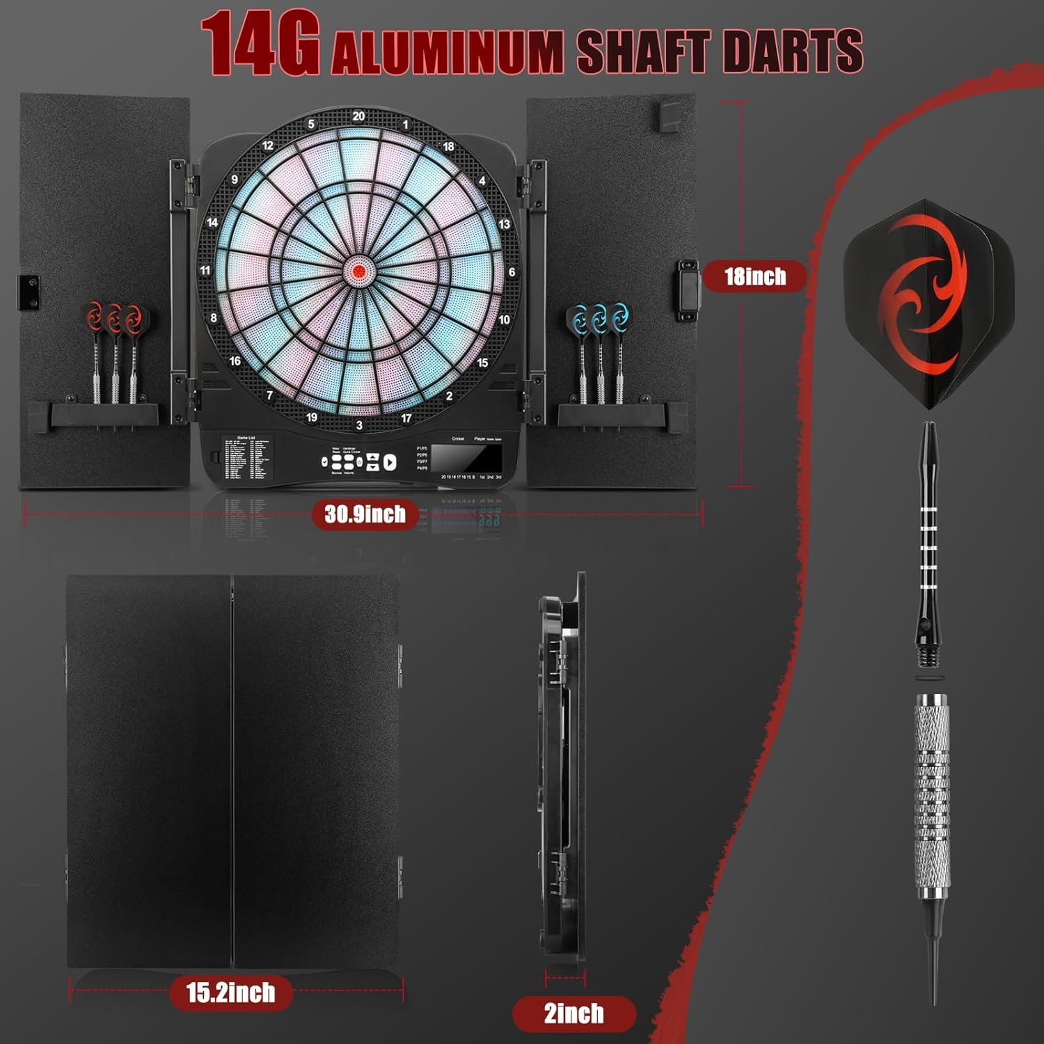 Electronic Dart Board Cabinet Set, Illuminated Target Dartboard for Adults, 48 Games with 315 Variations Soft Tip Digital Dartboard Cabinets with 6 Darts, 100PCS Soft Tips
