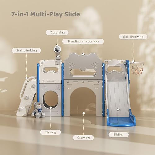 Miniatura 2 de Lischwert Tobogán infantil con escalador, juego de patio interior para niños pequeños, juego al aire libre con aro de baloncesto, túnel y espacio de