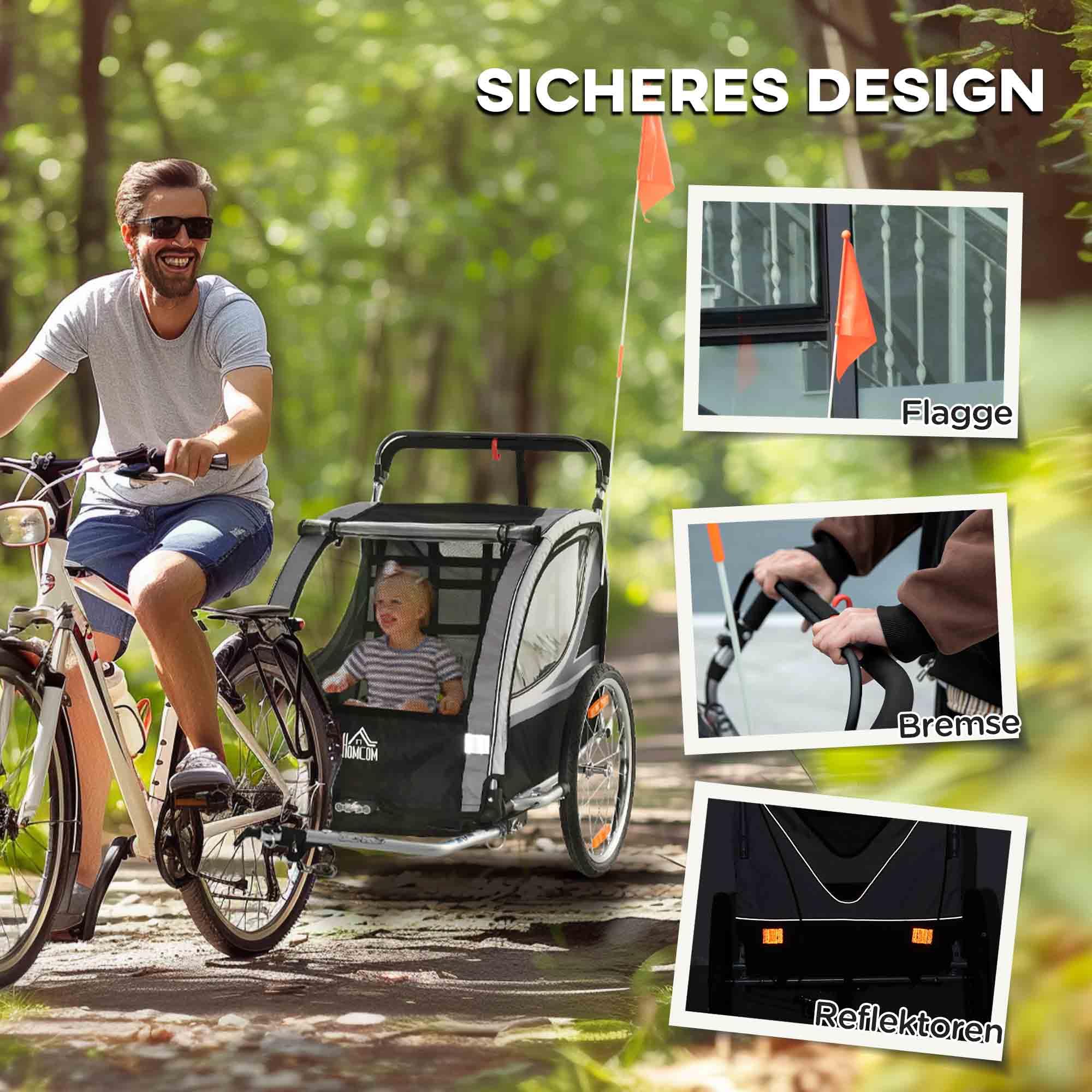 HOMCOM 2 in 1 Kinderfahrradanhänger mit Mesh-Tür, 360° Drehbares Vorderrad, Buggy mit Bremse, 142 x 75 x 101 cm