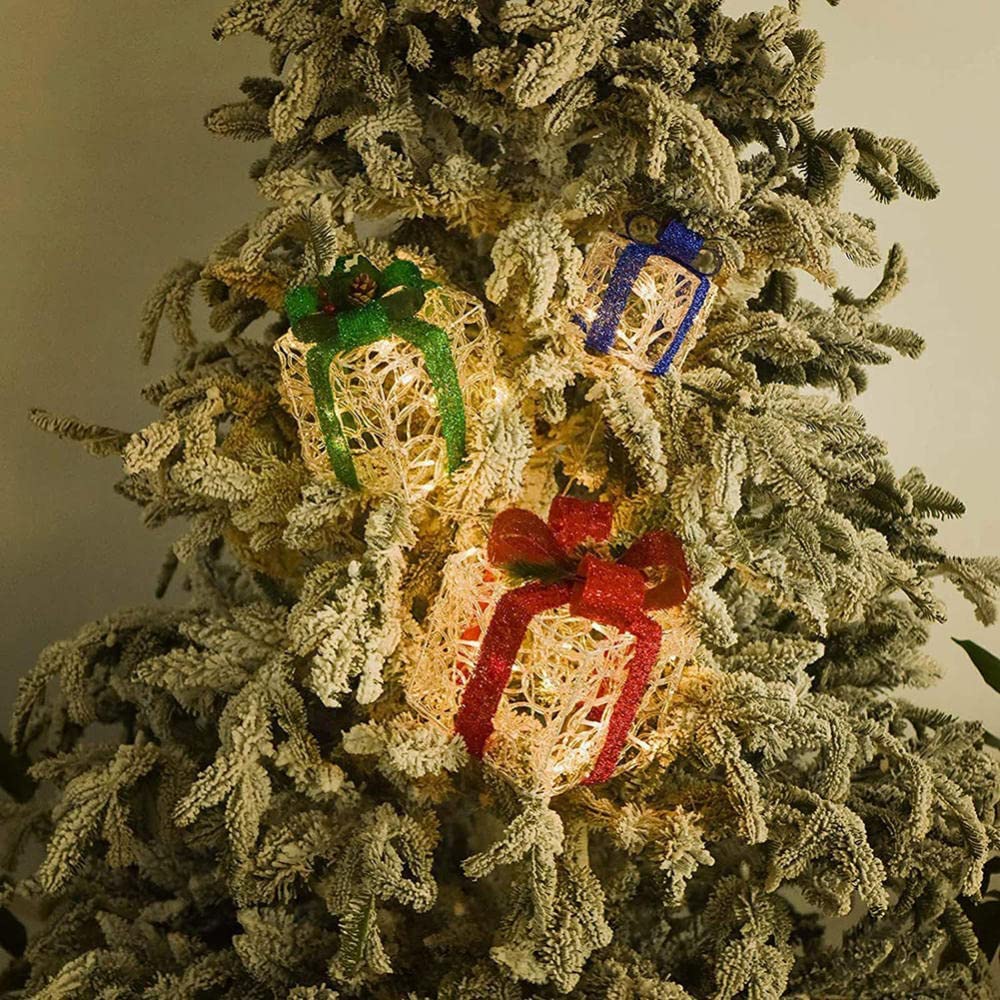 Ozdoby świąteczne pudełka na prezenty, 3 rozmiary Christmas Light Up Zestaw paczek Dekoracyjne światło LED na bożonarodzeniowe podwórko Wystrój domu Ozdoby choinkowe, czerwony + zielony + niebieski