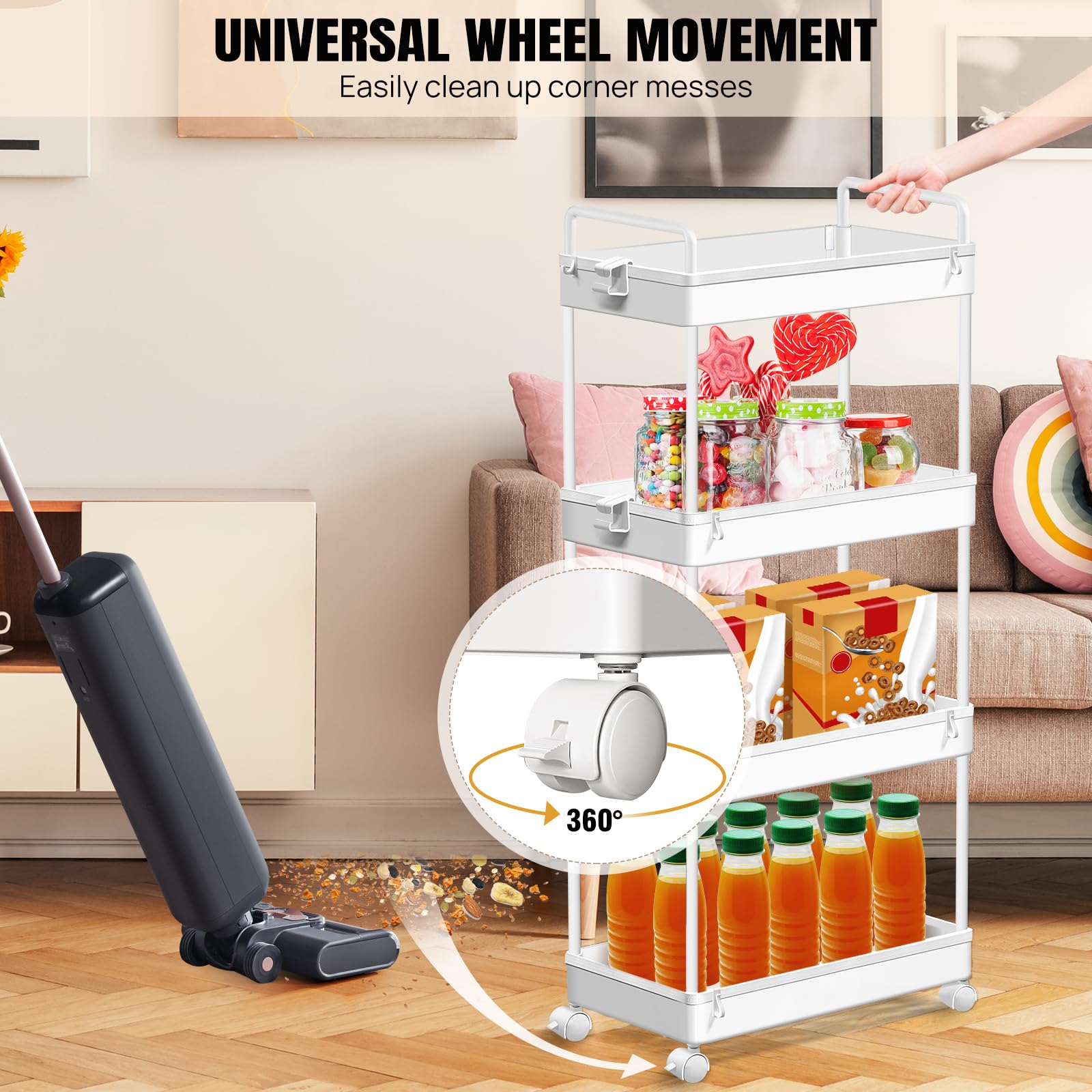 Carrito de Almacenamiento con Ruedas y asa, Carrito utilitario metálico rodante para baño, Cocina, Dormitorio, lavadero, Oficina, Organizador de estanterías móvil.