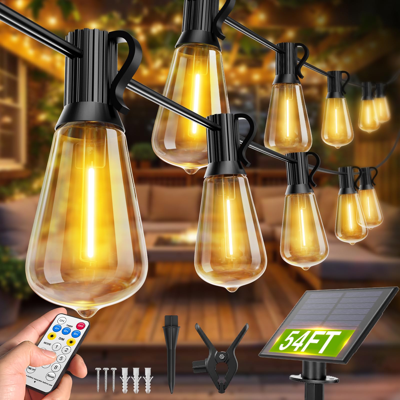 VOLIVO ST38 Solar-Lichterkette, wasserdicht, Terrassen-Lichter, solarbetrieben mit Fernbedienung und USB-Anschluss, 16 + 1 LED, bruchsichere Glühbirnen, 8 Lichtmodi, dimmbare Solarleuchte für Camping