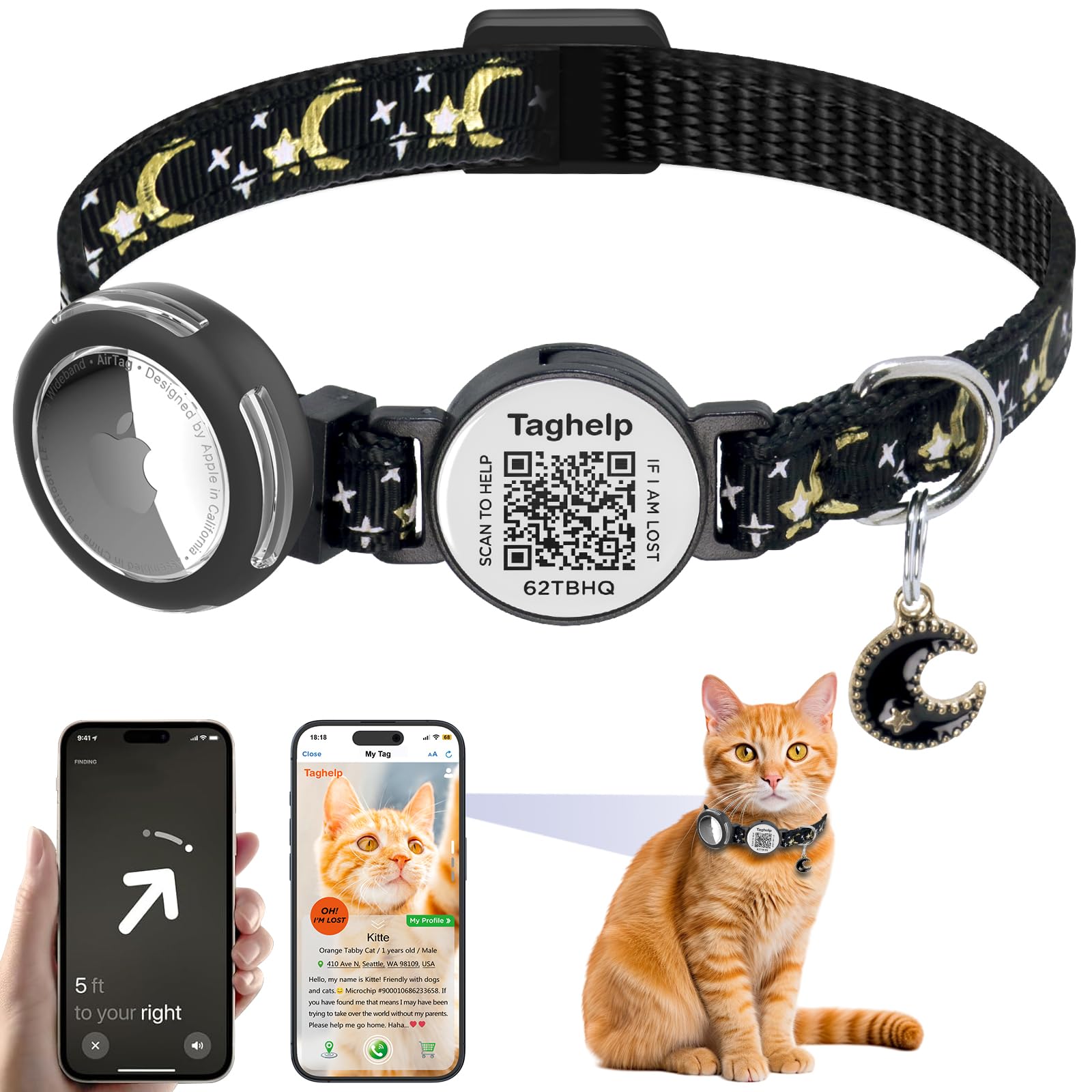 Waterproof Airtag Cat Collar Breakaway, Moons and Stars Safety Breakaway Cat Collars with Apple Airtag Holder with Qr Code, Adjustable GPS Tracker boy