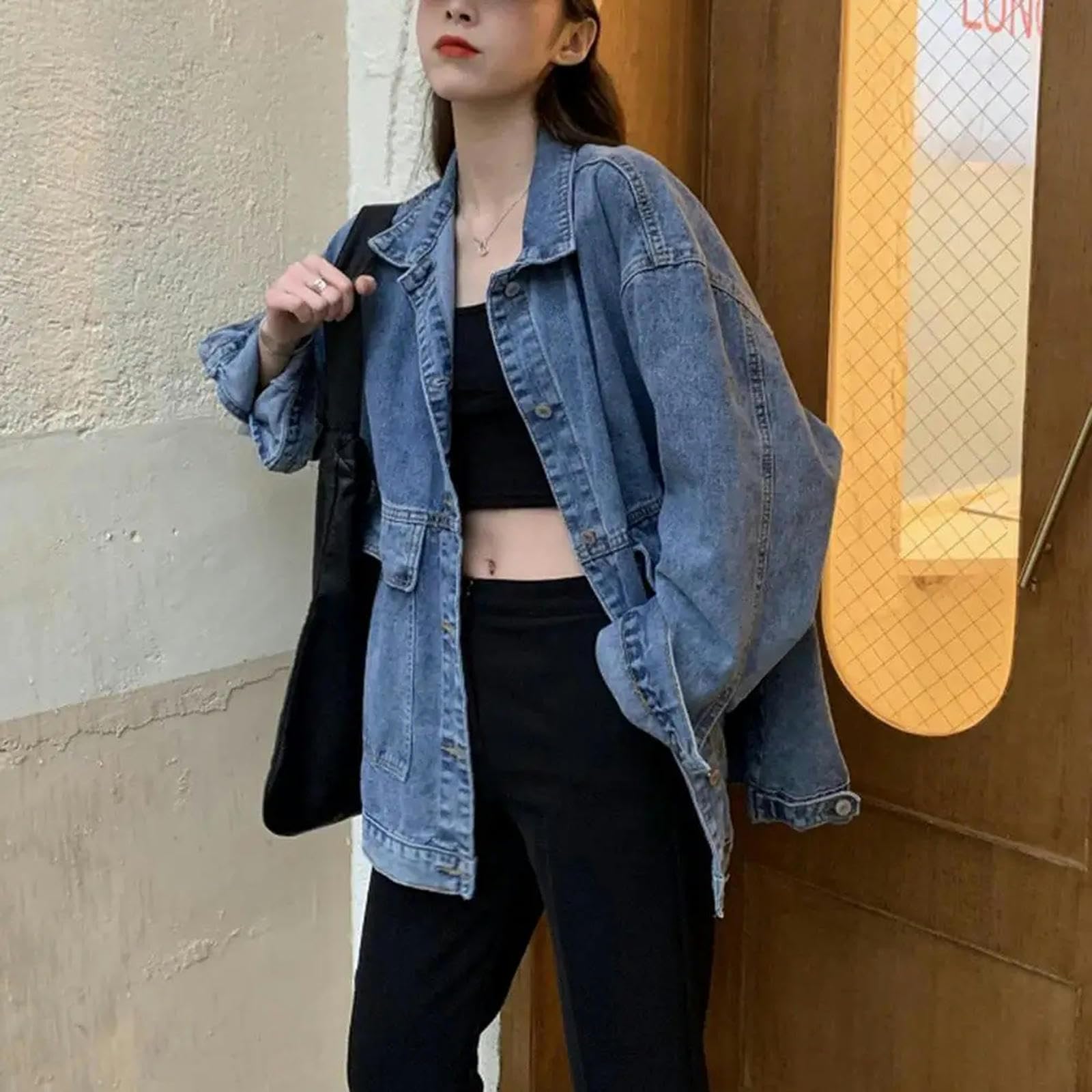 Giacca Uomo Giacche Jeans per Donne alla Moda Sovradimensionati Oversize Giunta di Cassa Caduta con Tasche con Tasche