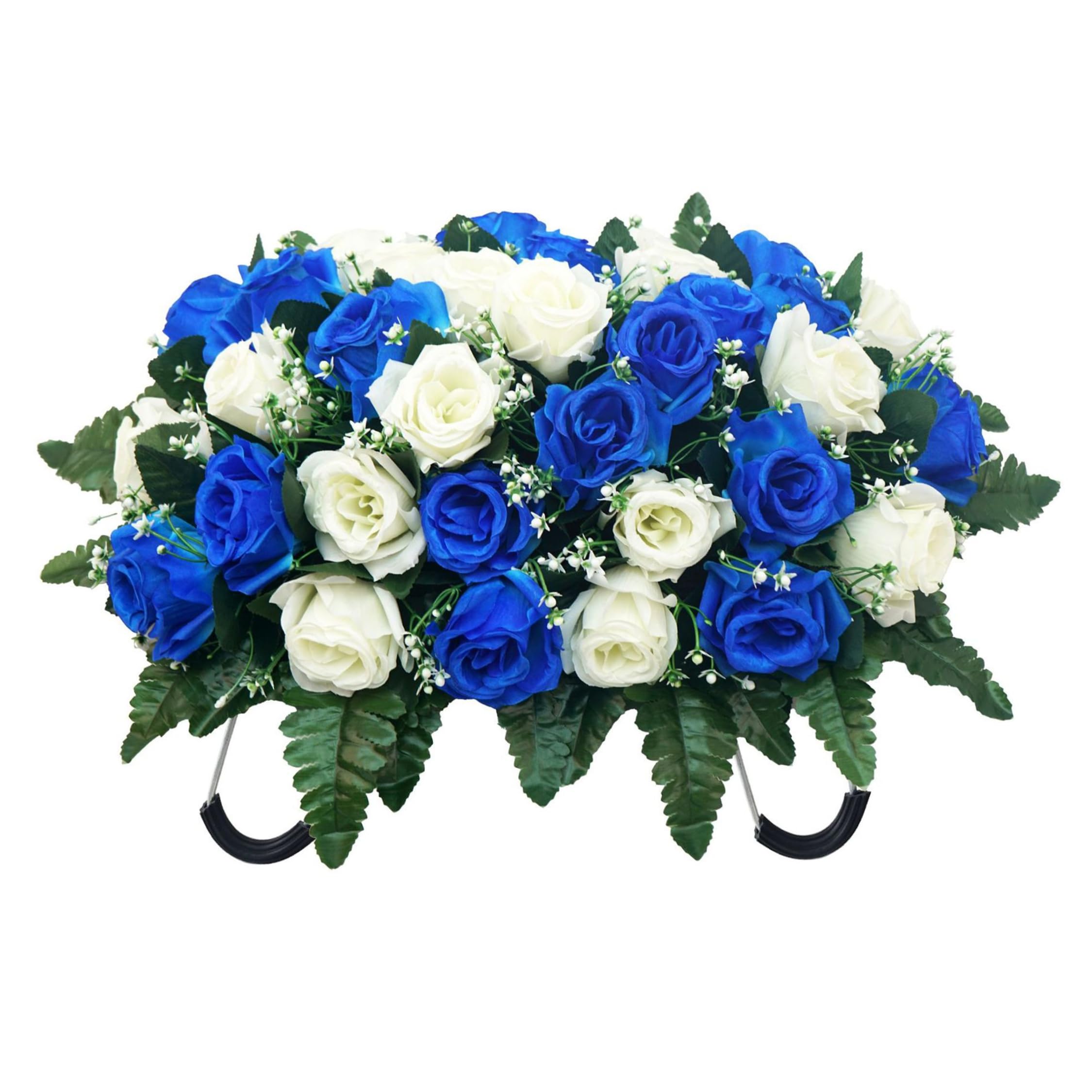 Selle de fleur de pierre tombale blanc bleu - Arrangement de roses artificielles cimetière réglable