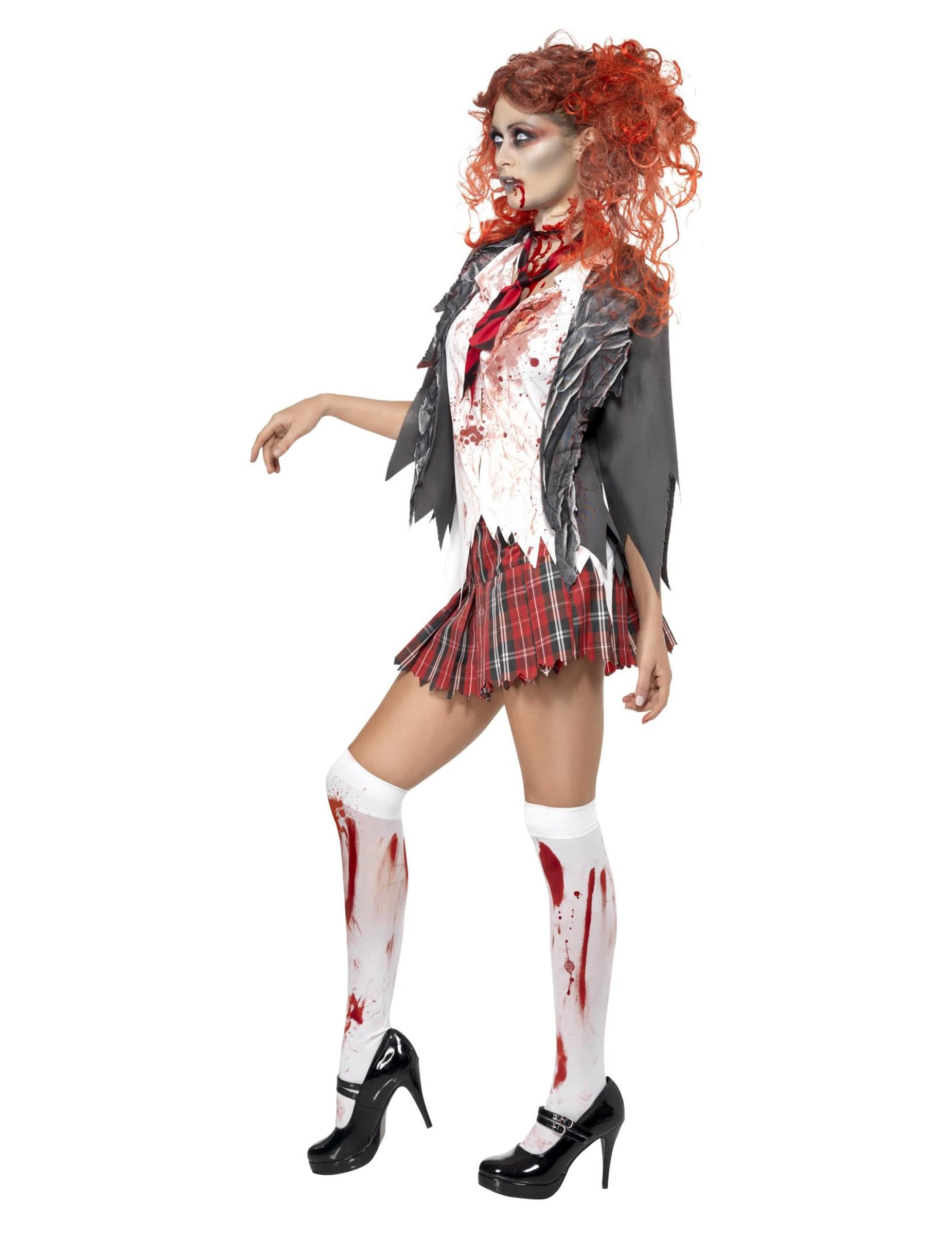 Costume écolière Zombie Pour Halloween - Veste, Jupe, Cravate, Chaussettes Sanglantes - Taille S/M, Effet Sanglant