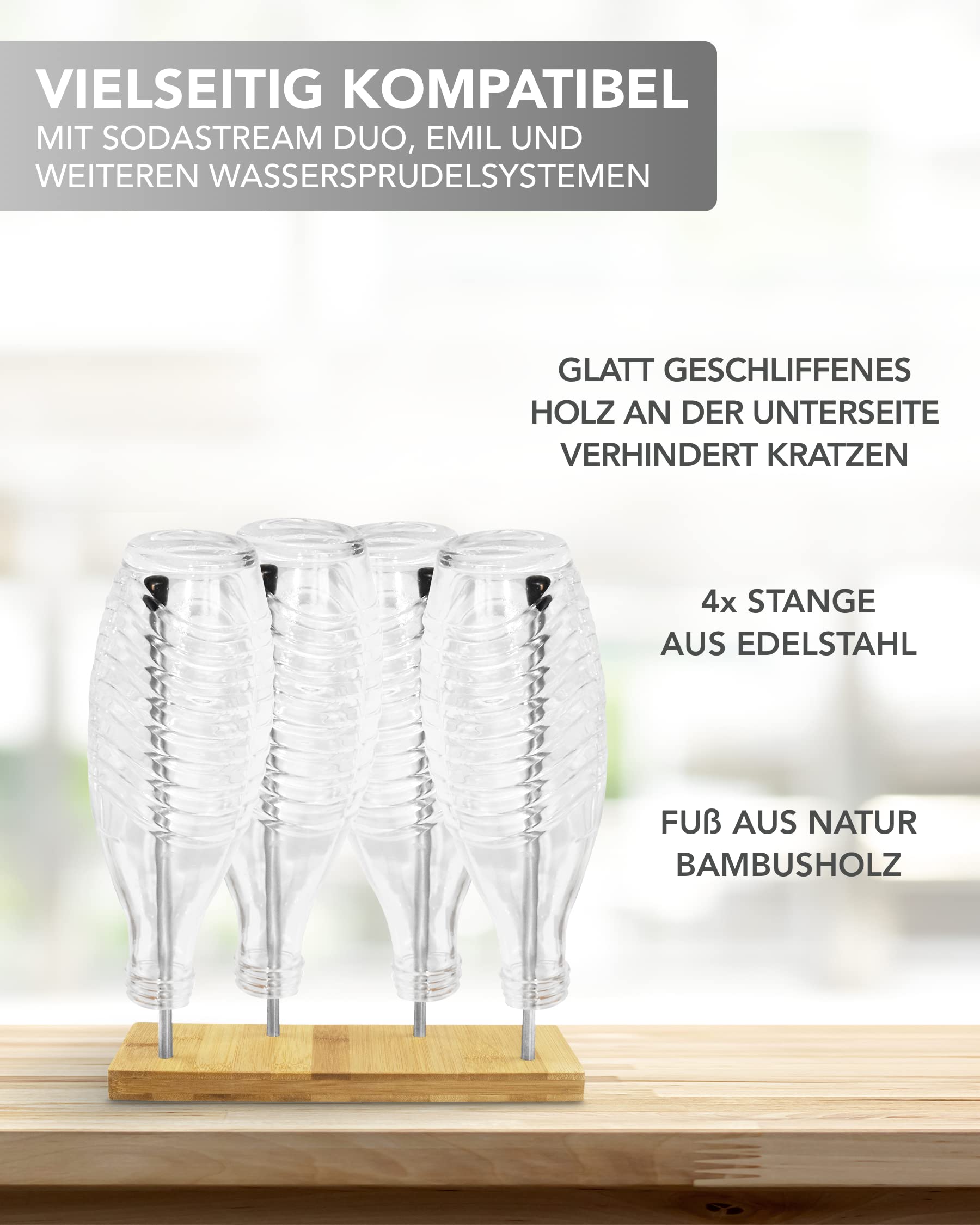 Streambrush Flaschenhalter - Abtropf-Stnder fr Sodastream Duo, Emil &  mehr - Flaschen-Stnder aus Bambus-Holz & Edelstahl (4 Fach) : Amazon.de:  Kche, Haushalt & Wohnen