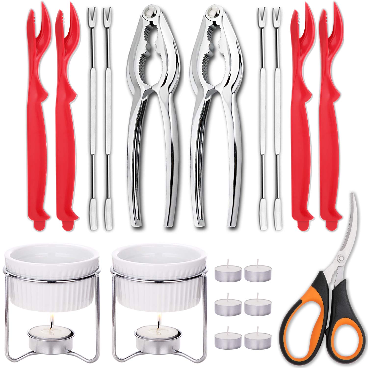Hiware 21-Piece Seafood Tools Set - Crab Lobster Crackers and Picks Tools Service for 2, Includes Crab Leg Crackers, Seafood Scissors, Butter Warmers, Lobster Shellers, Crab Forks and Tealight Candles