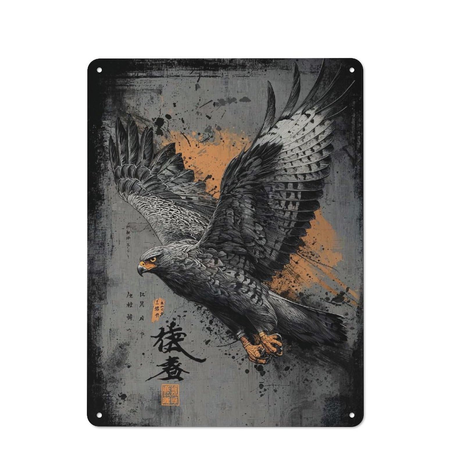Junmoney Style-24 Tin Wall Plaque 40X30cm With Soaring Eagle With Japanese Calligraphy For Guest Room Or Hallway, For Garage, Workshop And Man Cave Decoration