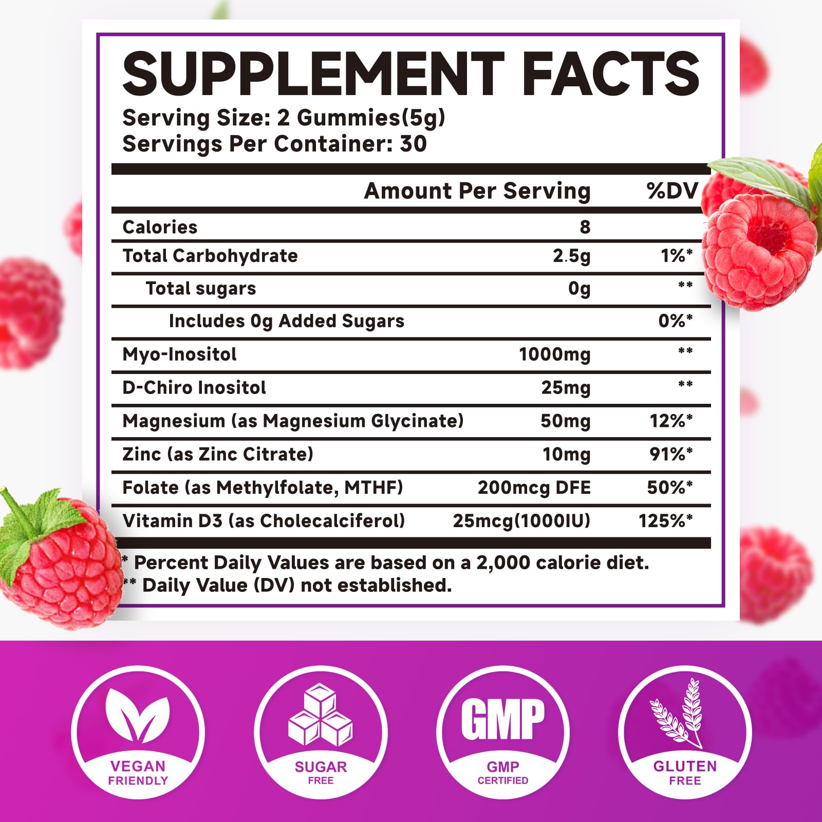 MEENCCD Myo-Inositol & D-Chiro Inositol Gummies, 40:1 Ratio Inositol with Vitamin D3, Magnesium Glycinate, Folate & Zinc, Inositol Supplement for Female Health, Raspberry Flavor, 60 Count — Amazon image 2
