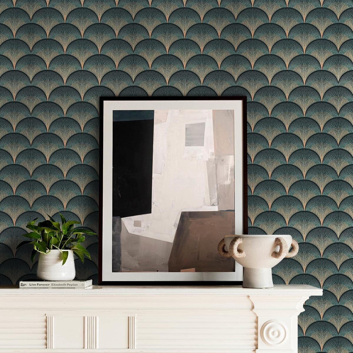 Emerald Semi-Circular Pattern Wallpaper 17.71"x236.2"Peel and Stick Wallpaper Imitating Shellfish Shape Wall Paper Vinyl Waterproof Contact Paper for Kitchen Cabinets and Storage Rooms