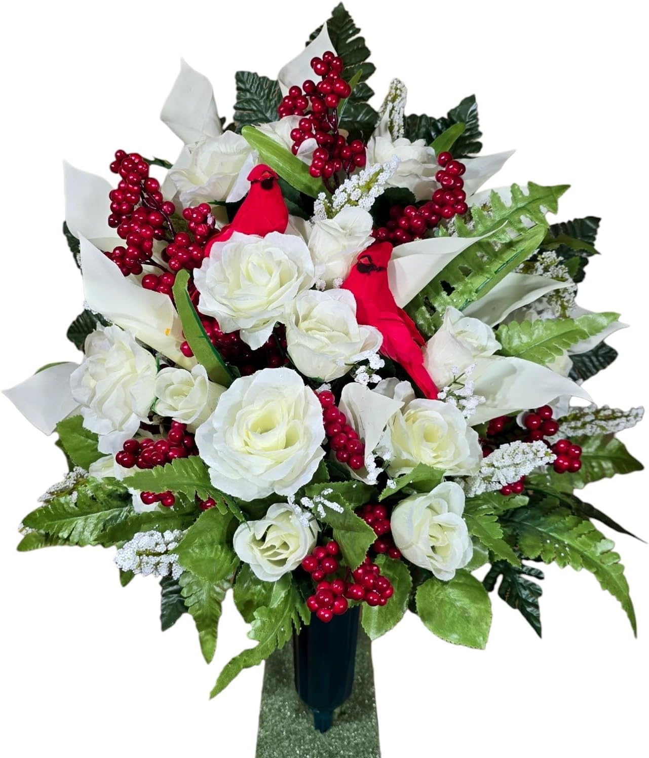 Realistic Artificial Cemetery Flowers - Silk Faux Floral Cream Rose and Calla Lily with Red Bird and Berries - Large Bouquet for Grave - Headstone Decoration - Memorial Flowers