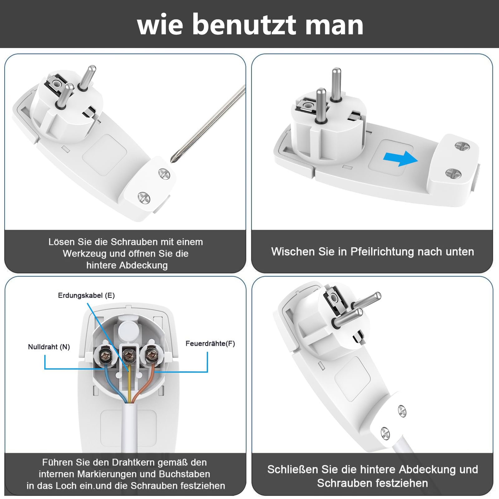 Enchufe Plano 2 Piezas de Tapones Planos Blancos - Clavijas Schuko para Cables con Sección de Cable de 1,5 mm², Enchufe Europeo IP20 250 V (16A)