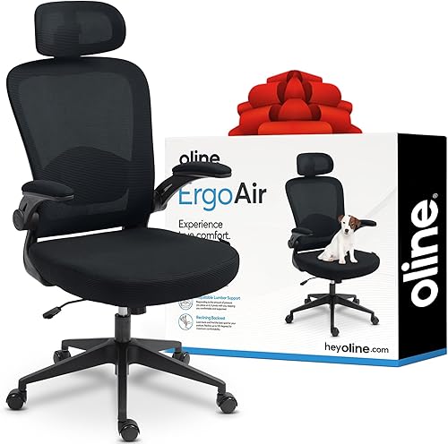 Oline ErgoAir Ergonomic Office Chair – Adjustable Lumbar Support, Flip-Up Armrests, Mesh Computer Desk Chair, Swivel Rolling Executive Gaming Chair