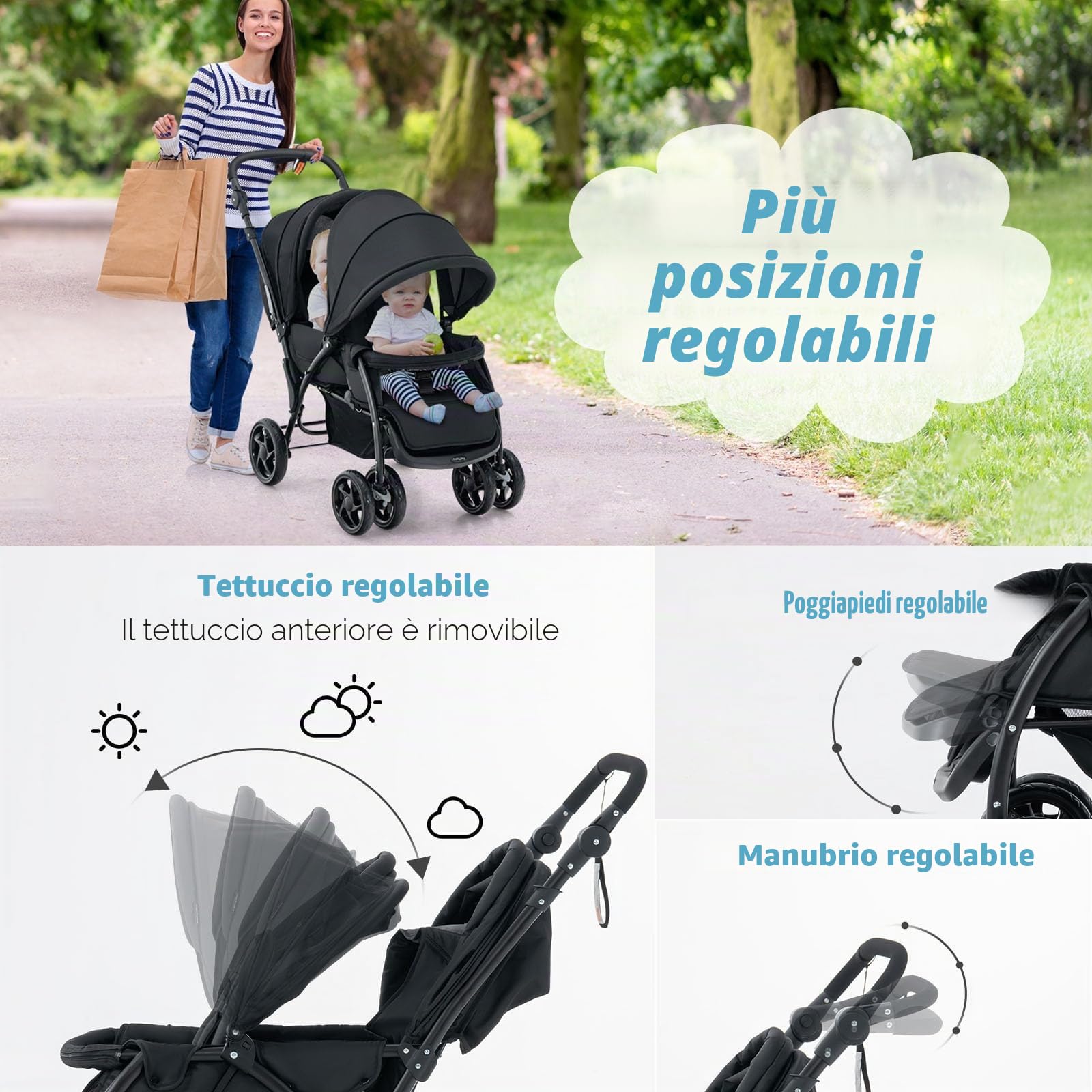 FANTASK Passeggino gemellare pieghevole con schienale regolabile e tettoia, per bambini dai 6 mesi, portata 30 kg (nero)