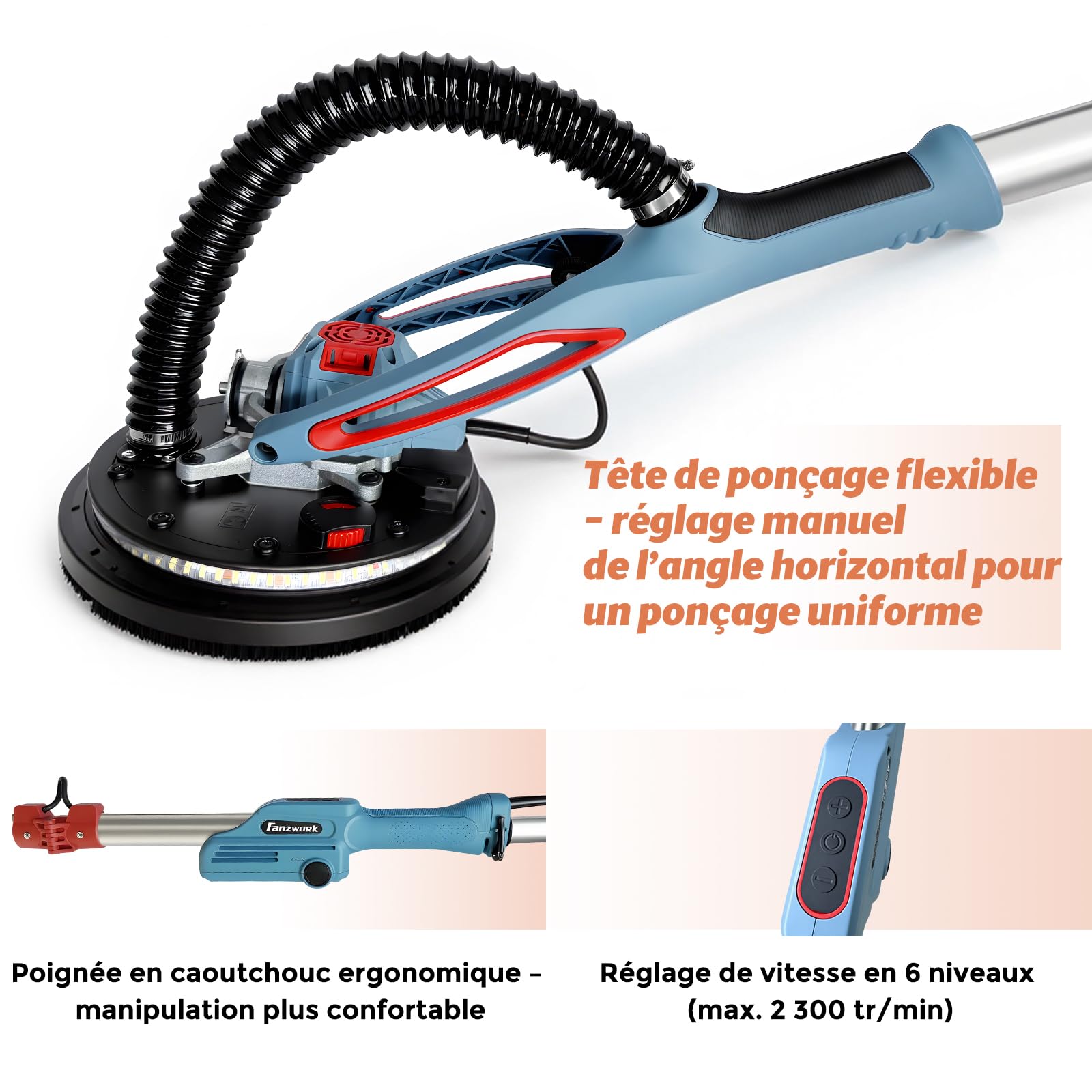 FANZWORK Ponceuse girafe avec moteur EC sans balais, Ultra-légère, 900 W, 2300 tr/min (max.), éclairage LED, inclut 12 Disques Abrasifs de 225 mm, Mallette de Transport.