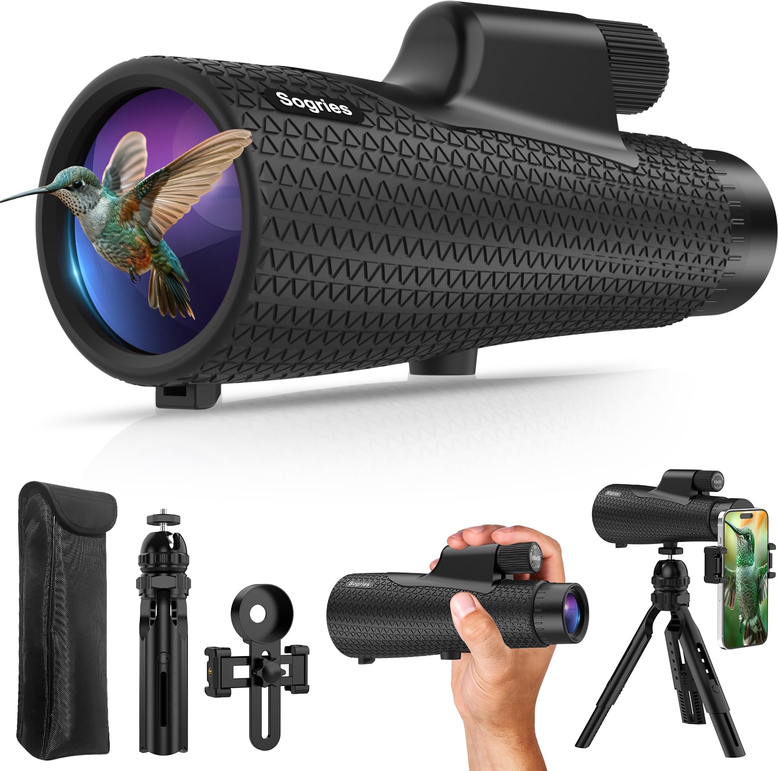 Sogries 15x55 Monokular Fernglas HD mit BAK4 Prisma & FMC Linse, Spritzwassergeschütztes Fernrohr inkl. Höhenverstellbarem 360° Stativ & Handyadapter für Vogelbeobachtung, Wandern & Reisen