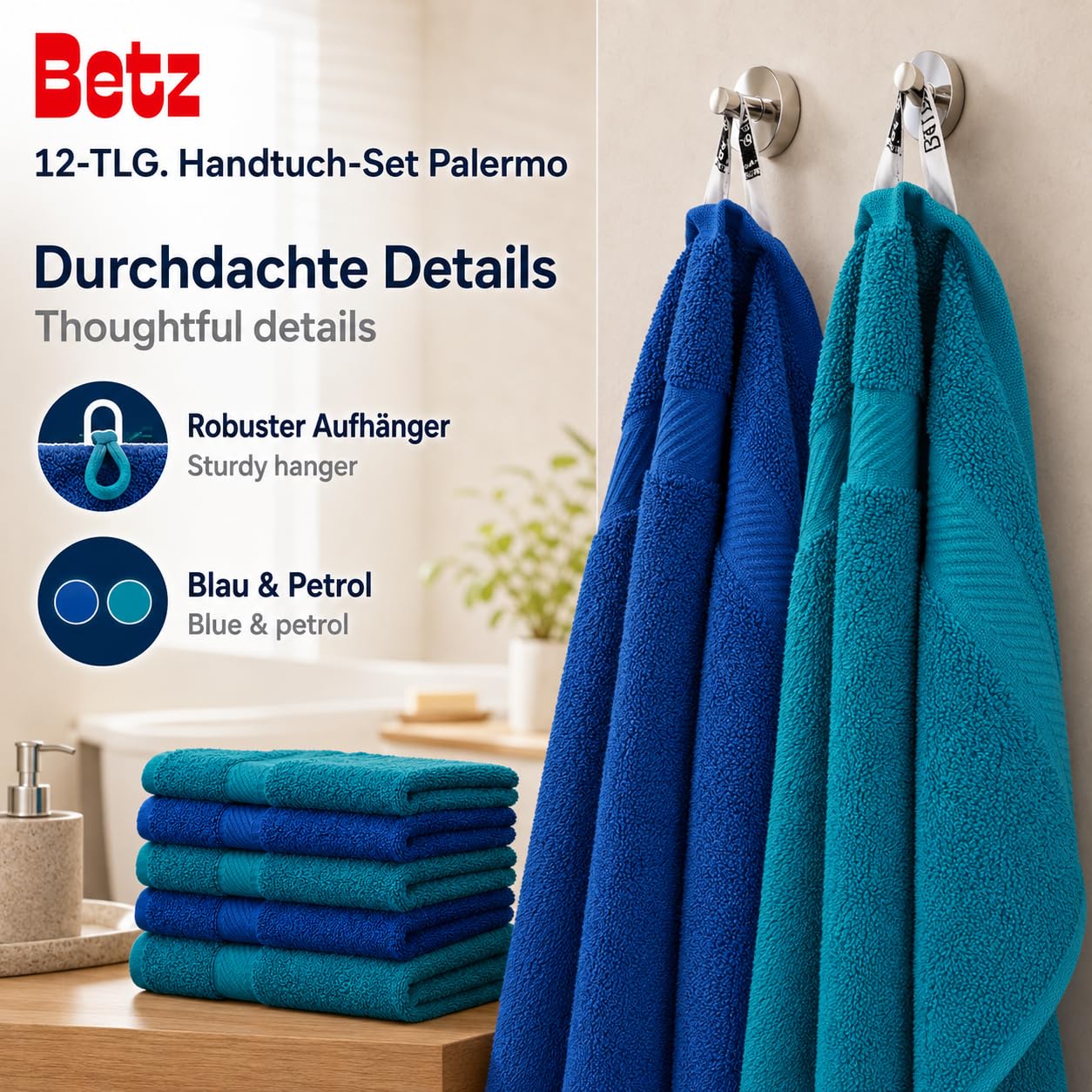 Betz Lot de 12 pièces 100% Coton Palermo 2 draps de Bain 4 Serviettes de Toilette 2 d'invités 2 lavettes 2 Gants de Toilette Couleur Bleu et pétrole