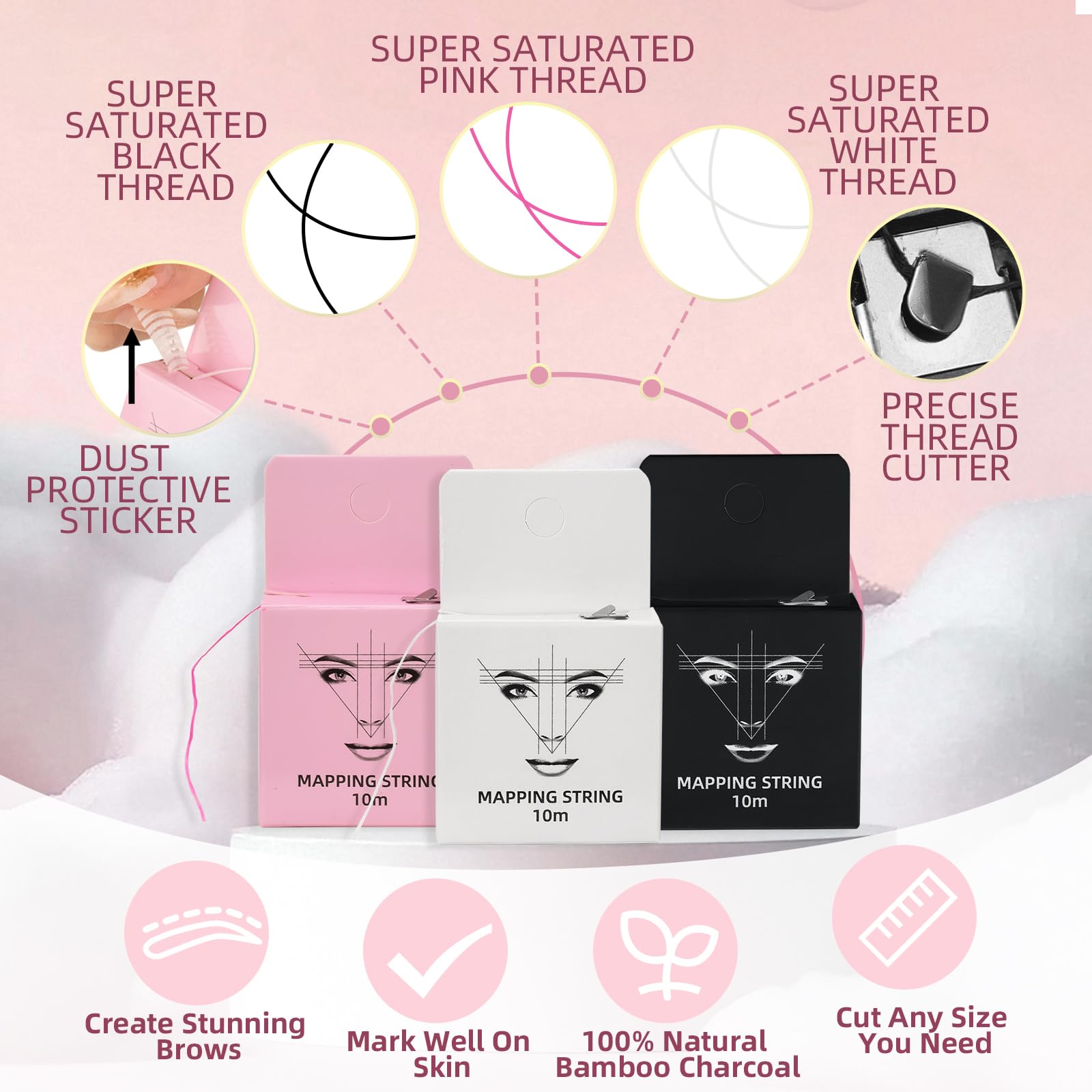 Kit de cartographie des sourcils - 10 m - Noir blanc et rose - 50 autocollants pour règle à sourcils, correcteur de sourcils blanc, 2 pinceaux à sourcils, crayon à sourcils et taille-rasoir