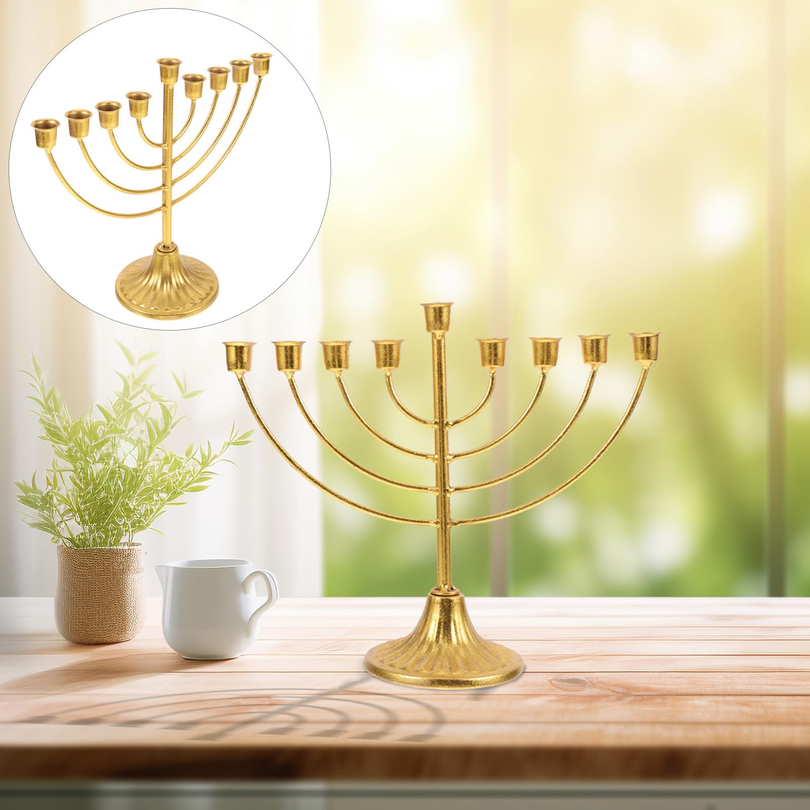 Menorah Ebraico a 9 Bracci, Candelabro in Ferro Dorato, Ornamenti da Tavolo per Decorazione Casa
