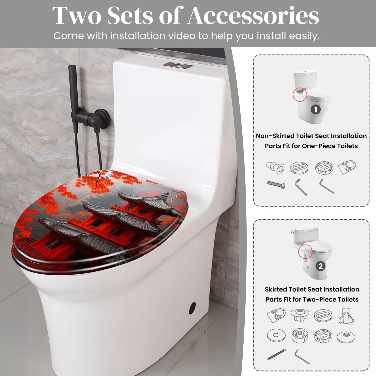 Elongated Decorative Resin Toilet Seat Quiet Close Quick Release Hinges Cover Bumpers Black White Pop Red Japanese Fall Temple Pagoda Maple Easy Install Clean