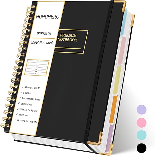 Huhuhero Cuaderno de 5 asignaturas, 240 páginas rayadas en espiral con rayas universitarias, 7.6 x 10.5 pulgadas, cuadernos B5 de tapa dura para