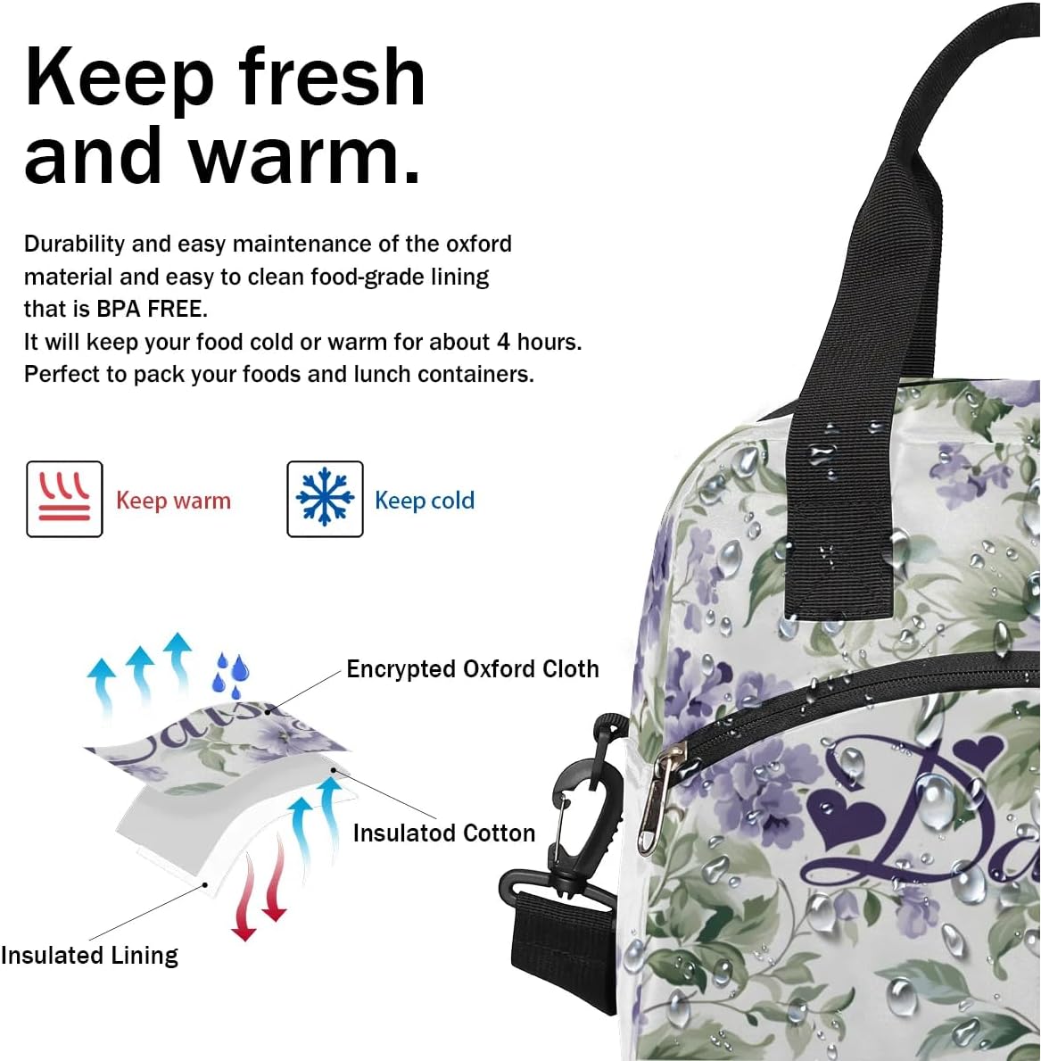 Personalized Flower Floral Lunch-Bag for Women, Custom Insulated Cooler Lunch Box with Name, Leakproof-Reusable Lunch Tote Bag for Work Office Picnic - Light Purple